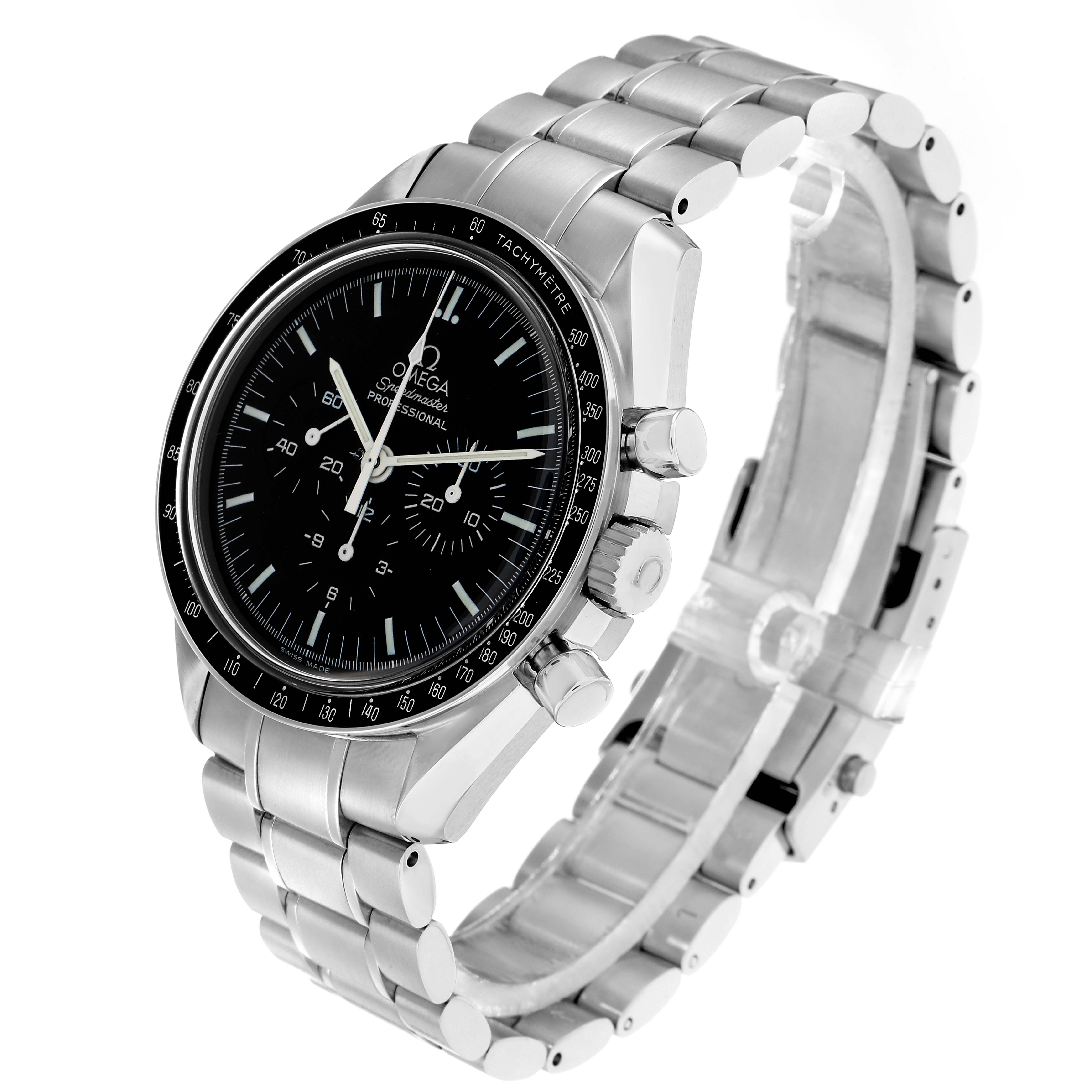 The Omega Speedmaster 3570.50.00 Men
s Stainless Steel Black Dial is shown at a three-quarter angle, highlighting the dial, bezel, crown, pushers, and bracelet.