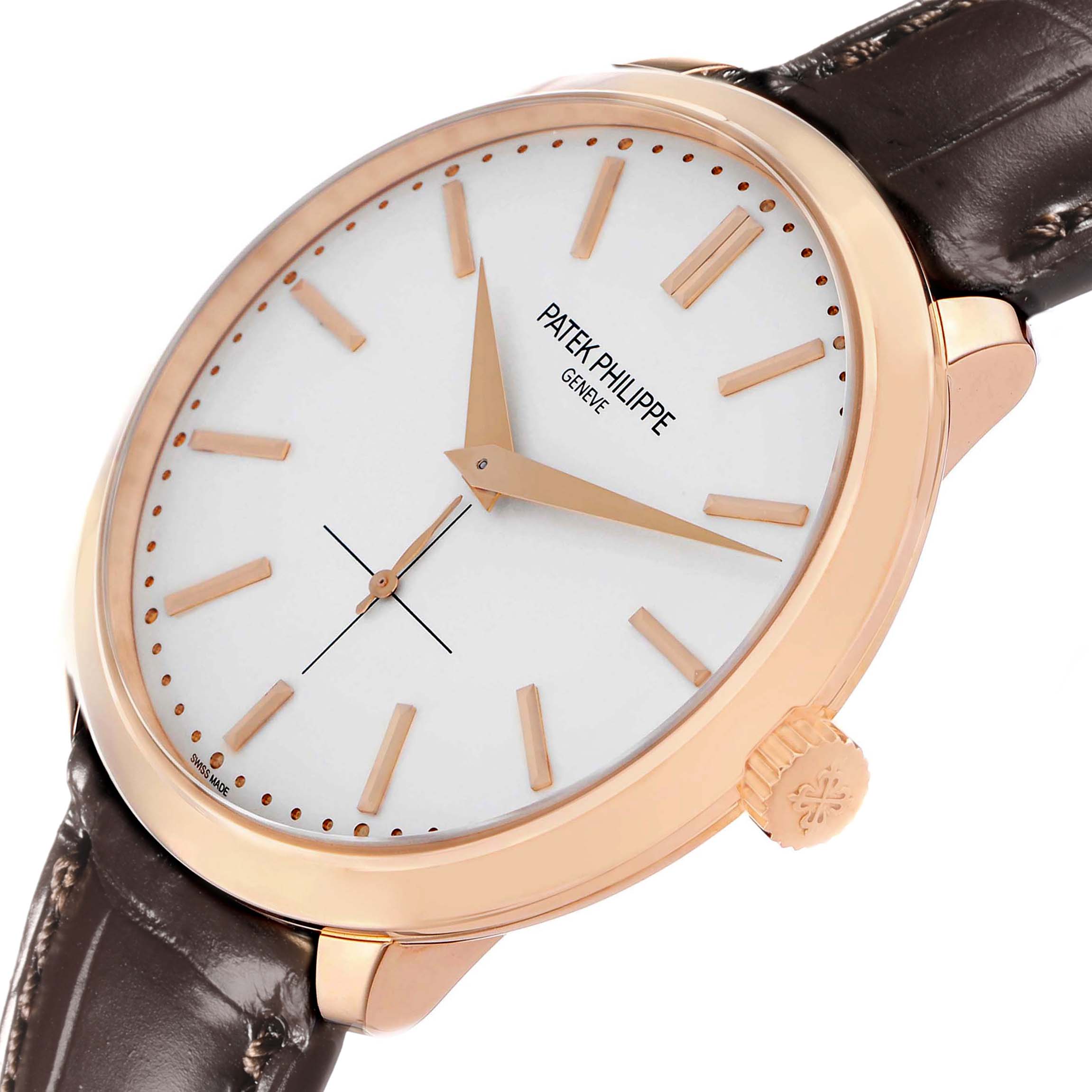The Patek Philippe Calatrava 5123 Men
s Rose Gold Silver Dial watch is shown at a slight angle, highlighting the face, crown, and leather strap.