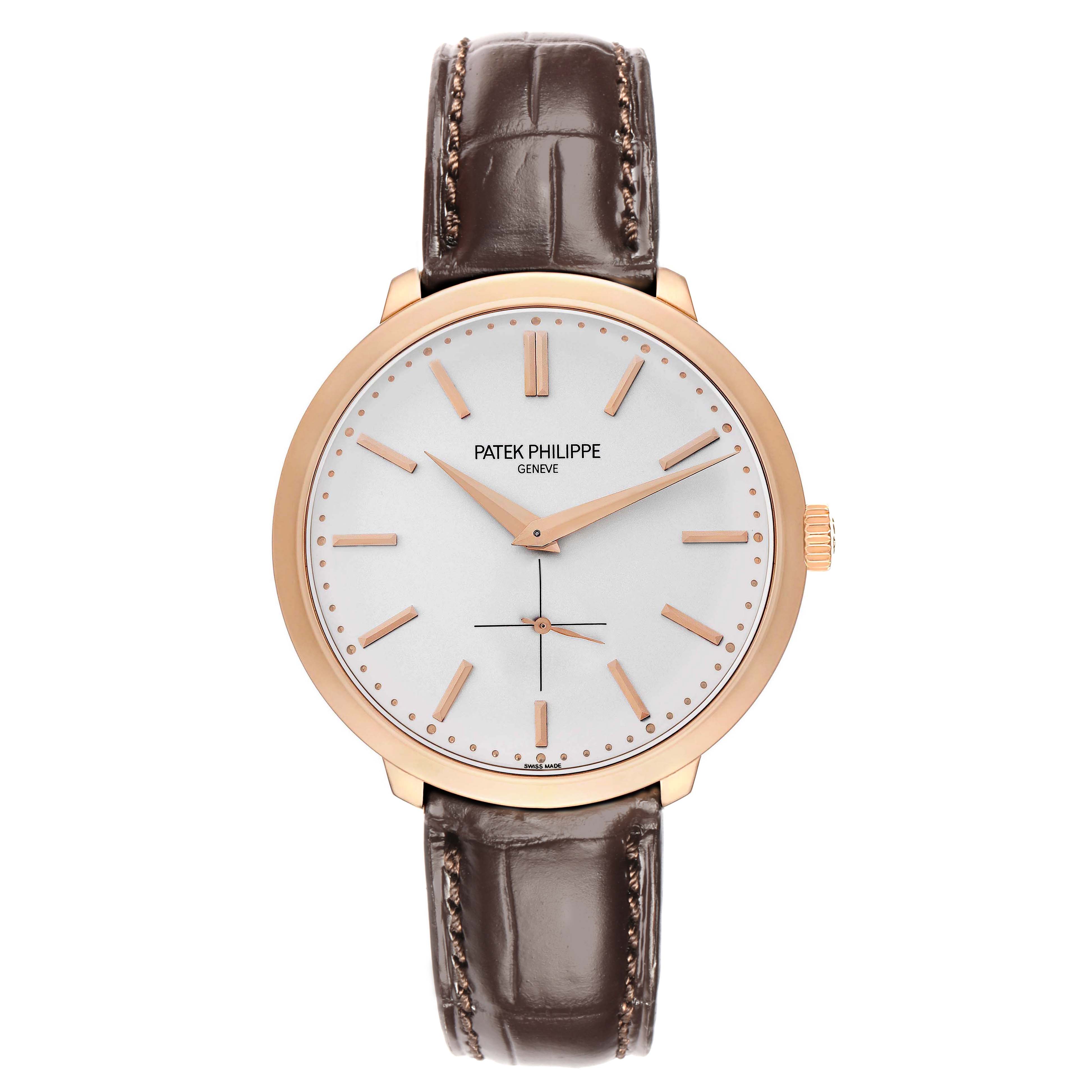 The Patek Philippe Calatrava 5123 Men
s Rose Gold Silver Dial watch is shown from a front angle, displaying the face, hands, and leather strap.