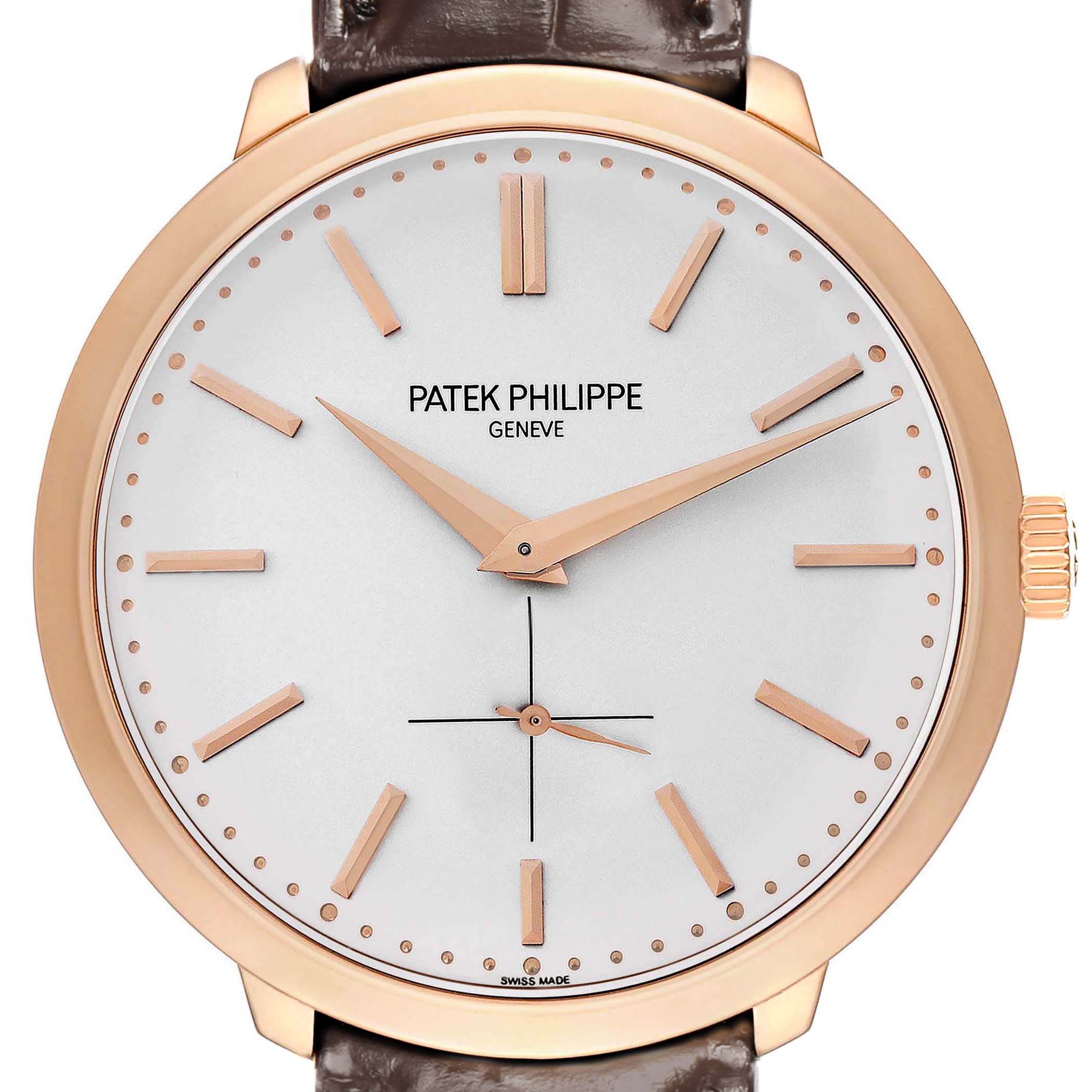 The Patek Philippe Calatrava 5123 Men
s Rose Gold Silver Dial watch is shown from a front angle, displaying the dial, hands, markers, and part of the strap.