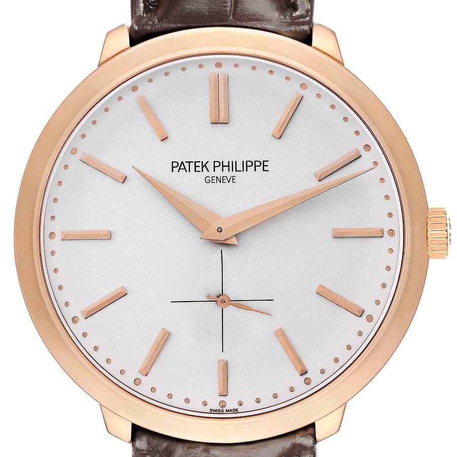 The Patek Philippe Calatrava 5123 Men's Rose Gold Silver Dial watch is shown from a front angle, displaying the dial, hands, markers, and part of the strap.
