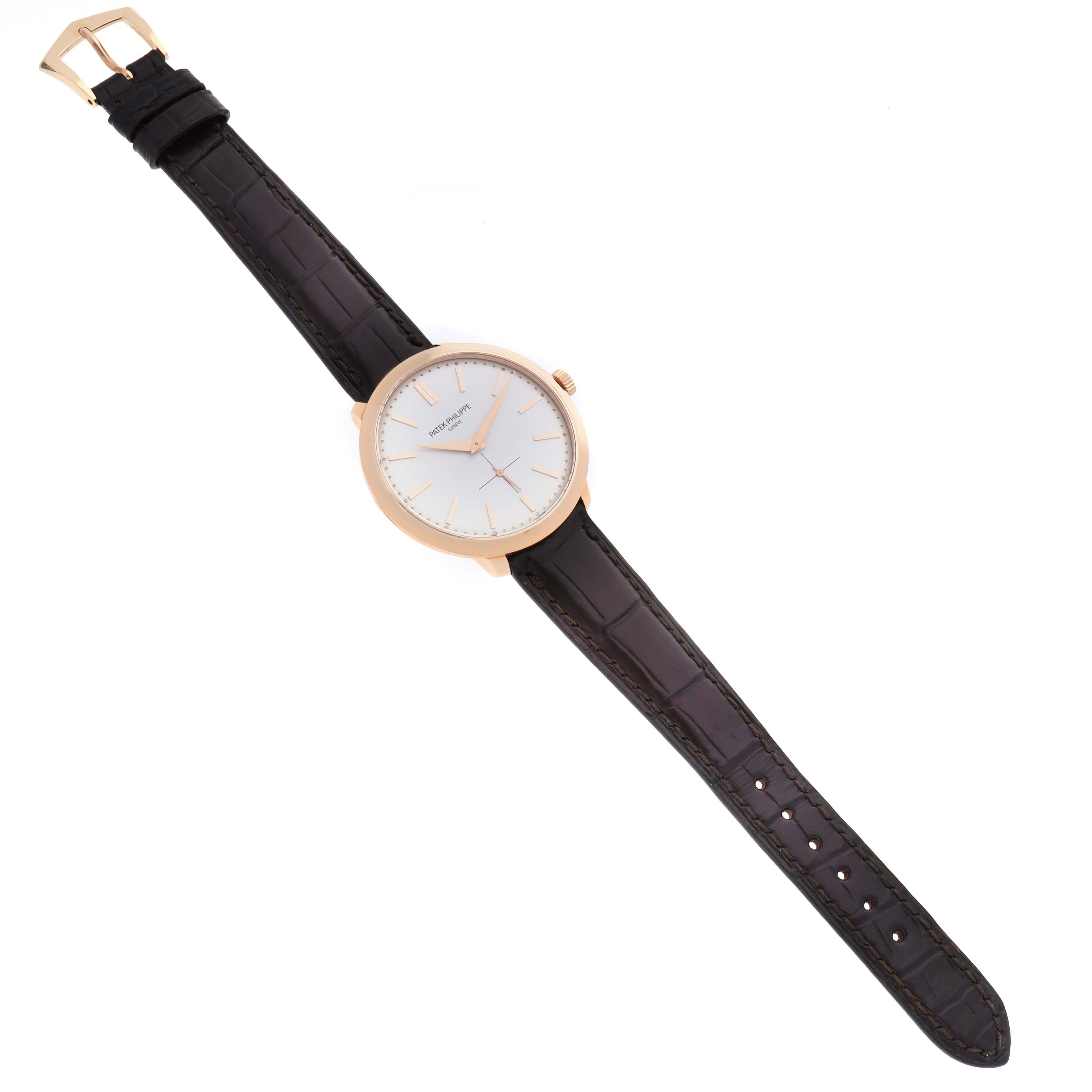 The image shows a full view of the Patek Philippe Calatrava 5123 Men
s Rose Gold Silver Dial watch, displaying the front dial, leather strap, and buckle.
