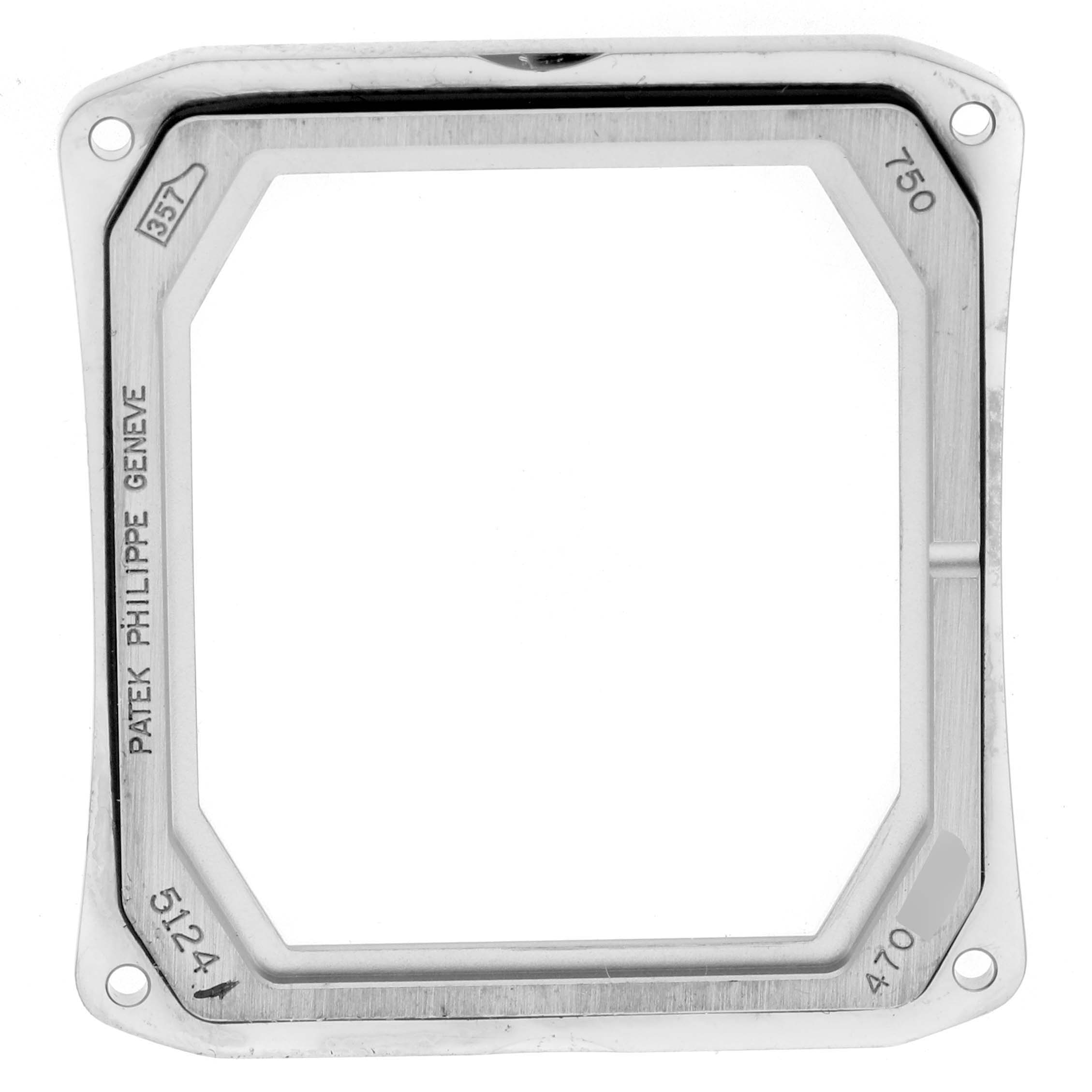 The image shows a rectangular metal bezel from a Patek Philippe Gondolo 5124G Men
s White Gold Brown Dial watch, viewed from above.