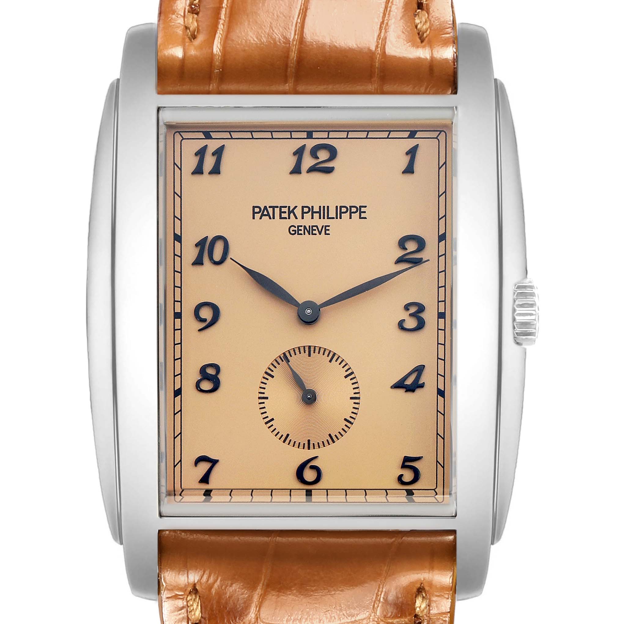 The Patek Philippe Gondolo 5124G Men
s White Gold Brown Dial watch is shown from a front angle, highlighting its face, case, and part of the leather strap.