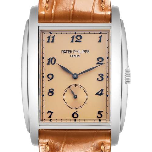 The Patek Philippe Gondolo 5124G Men's White Gold Brown Dial watch is shown from a front view, highlighting the dial, numerals, and a brown leather strap.