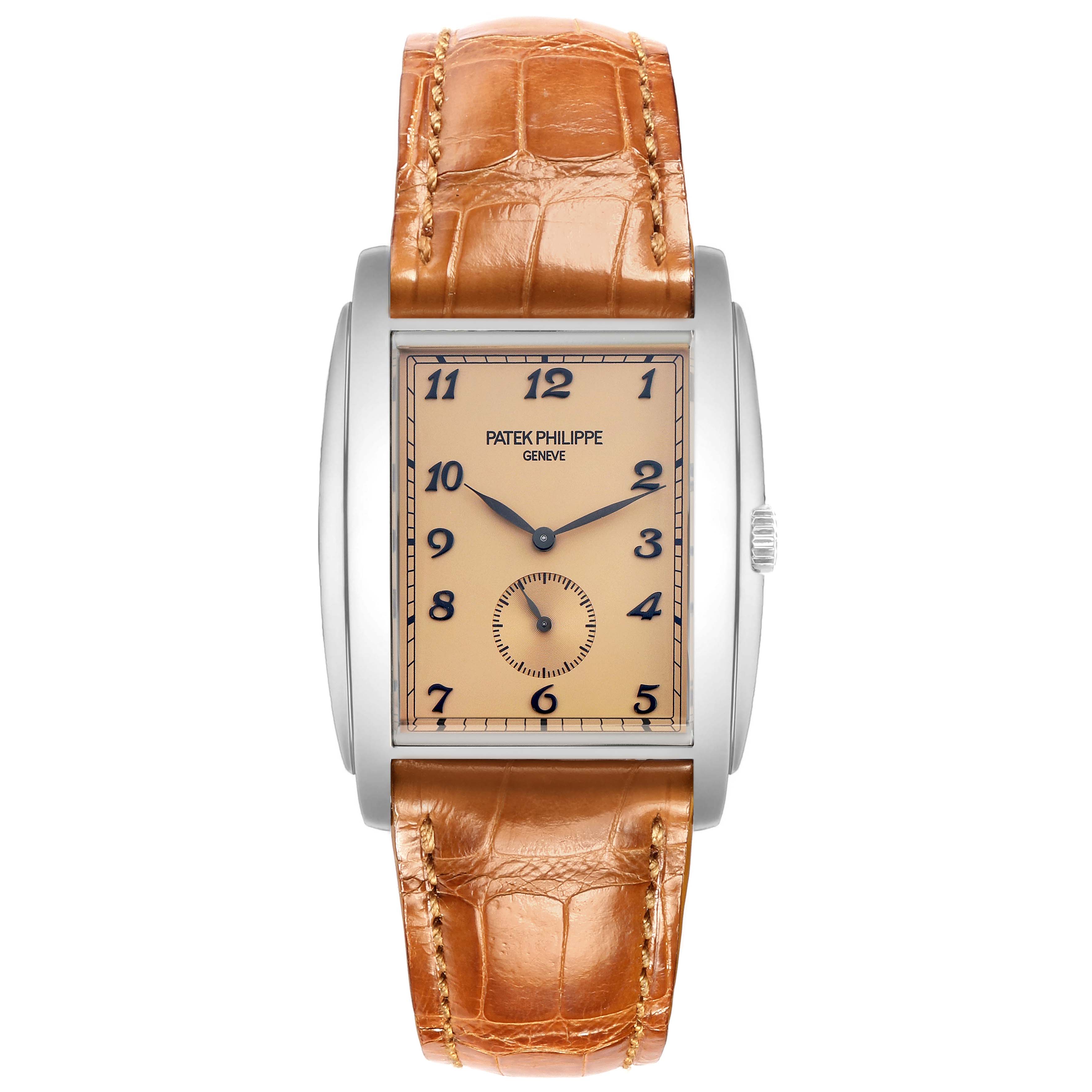 The Patek Philippe Gondolo 5124G Men
s White Gold Brown Dial watch is shown from a top-down angle, highlighting its face, warm leather strap, and rectangular case.