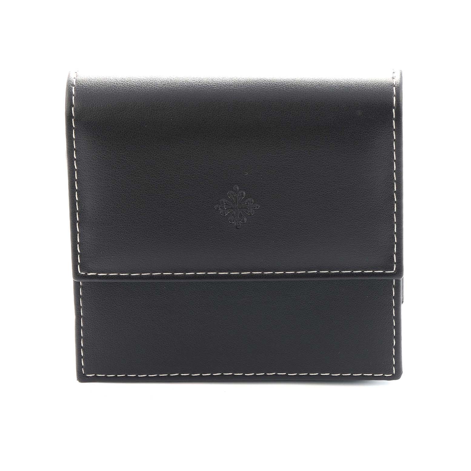 This image shows a black leather pouch with stitching, used as packaging for the Patek Philippe Gondolo 5124G Men
s White Gold Brown Dial model.
