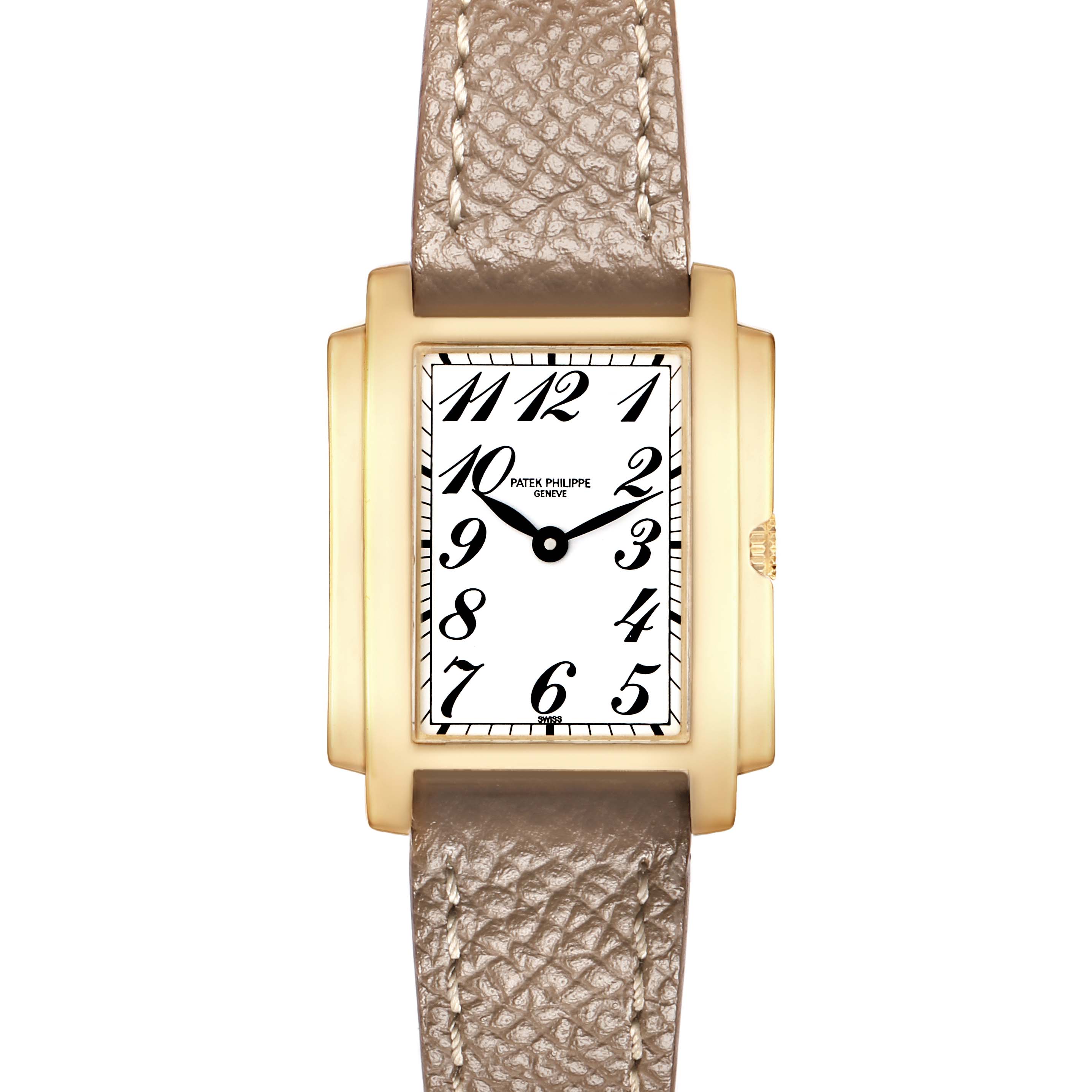 The Patek Philippe Gondolo 4824J Women
s Yellow Gold White Dial watch is shown from a top-down angle, displaying the rectangular face, numerals, and leather strap.