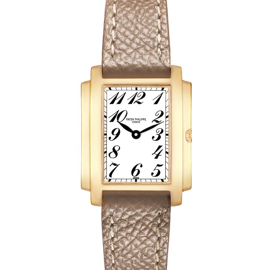 The Patek Philippe Gondolo 4824J Women's Yellow Gold White Dial watch is shown from a top-down angle, displaying the rectangular face, numerals, and leather strap.