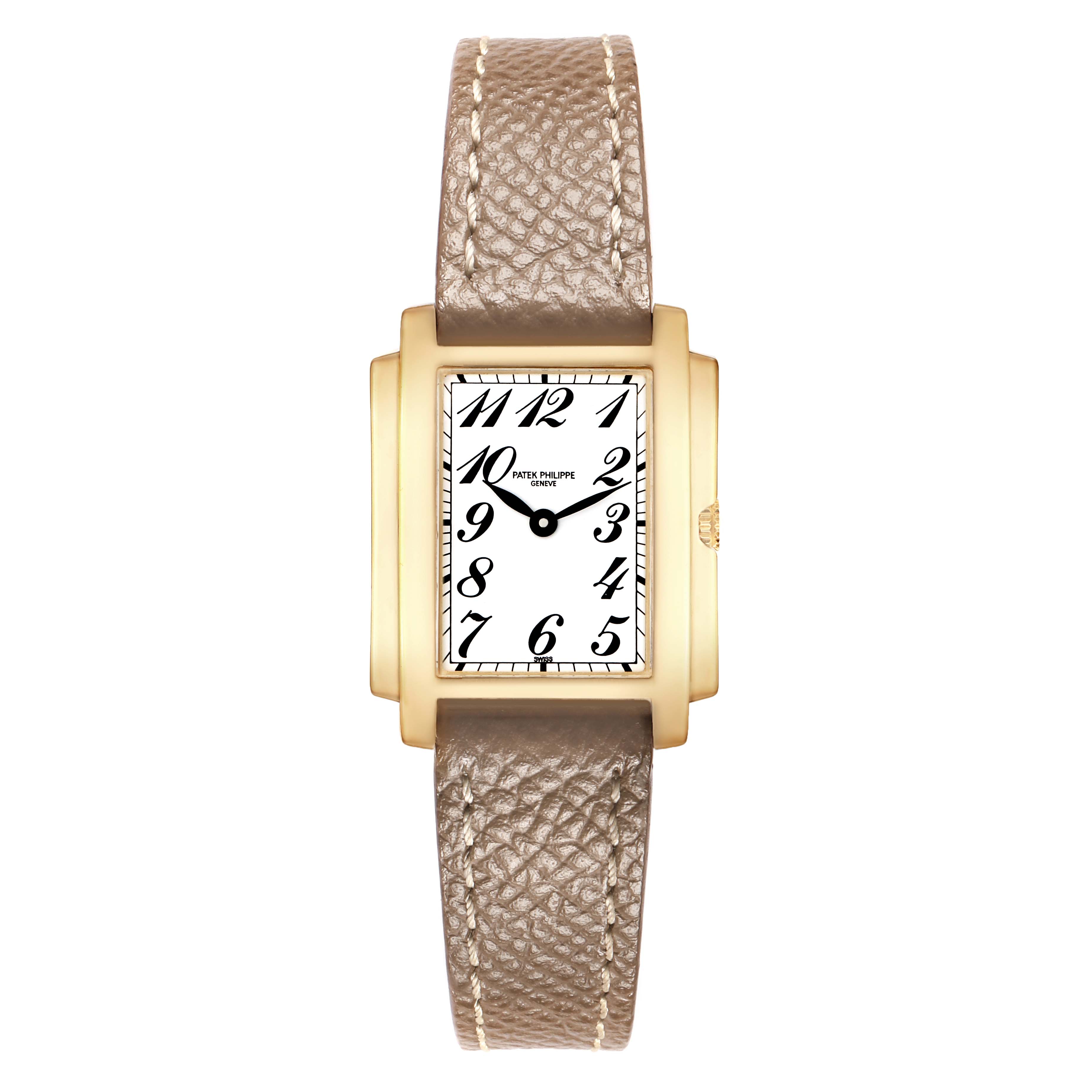 The Patek Philippe Gondolo 4824J Women
s Yellow Gold White Dial watch is shown from a top-down angle, displaying its rectangular face and leather strap.