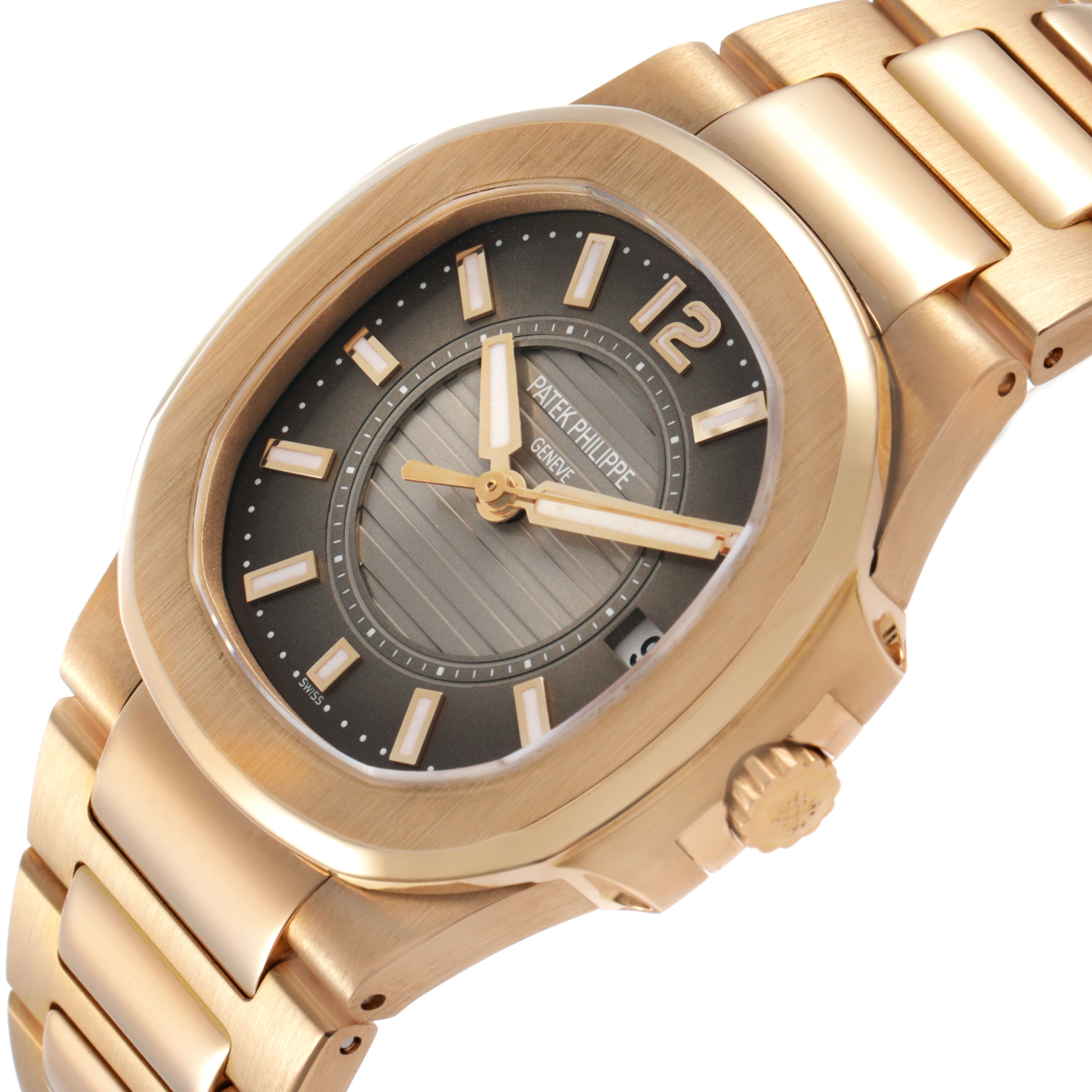 The Patek Philippe Nautilus 7011/1R-010 Women's Rose Gold Grey Dial watch is shown at an angled side view, highlighting the dial, bezel, crown, and bracelet links.
