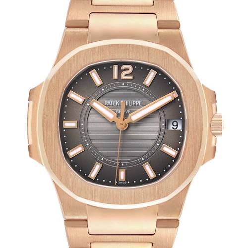 The image shows a front view of the Patek Philippe Nautilus 7011/1R-010 Women's Rose Gold Grey Dial watch, highlighting its dial, hands, and bezel.