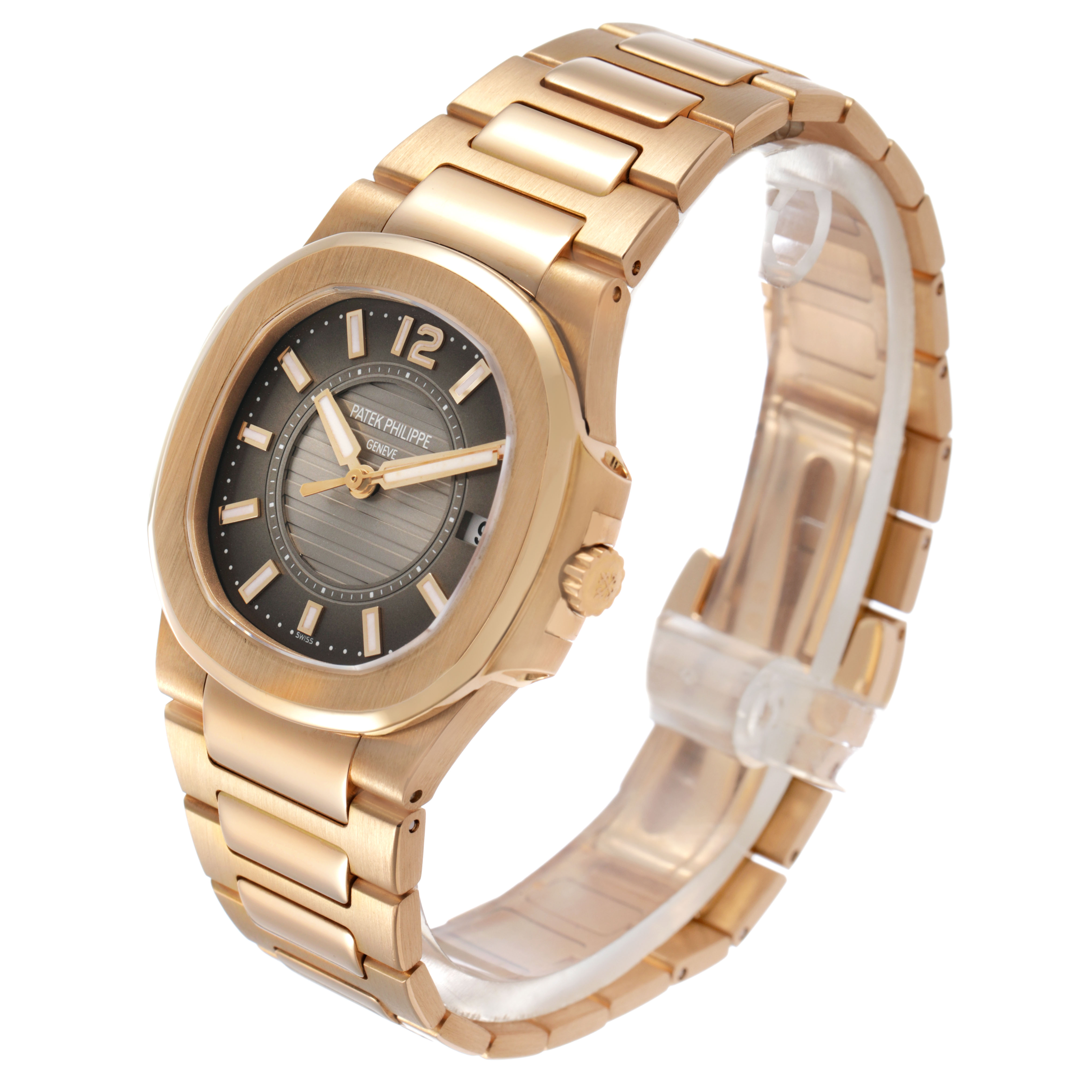 The Patek Philippe Nautilus 7011/1R-010 Women's Rose Gold Grey Dial watch is shown from a three-quarter angle, highlighting the bracelet and face.