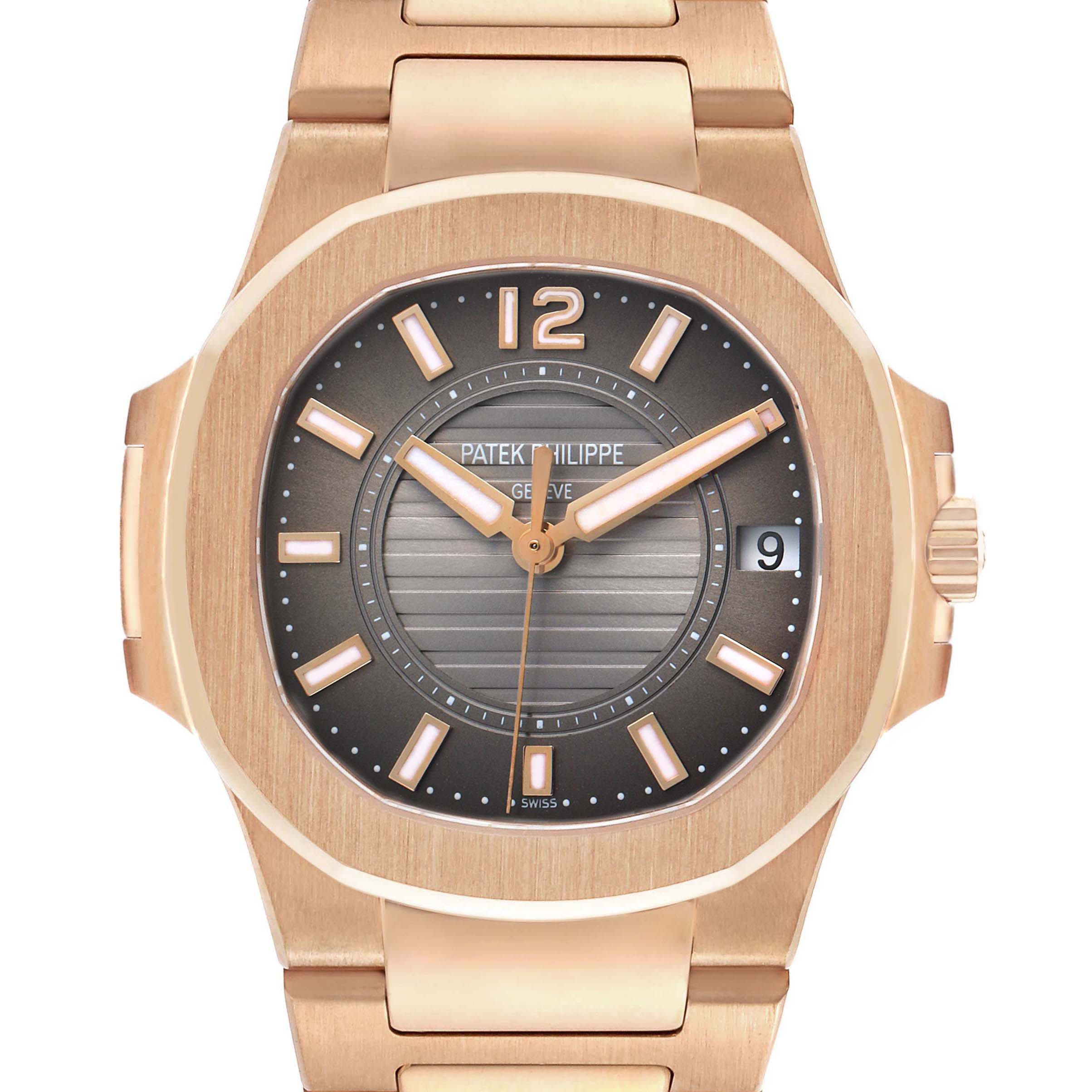 The Patek Philippe Nautilus 7011/1R-010 Women's Rose Gold Grey Dial watch is shown from a front angle, highlighting the dial, case, and a portion of the bracelet.