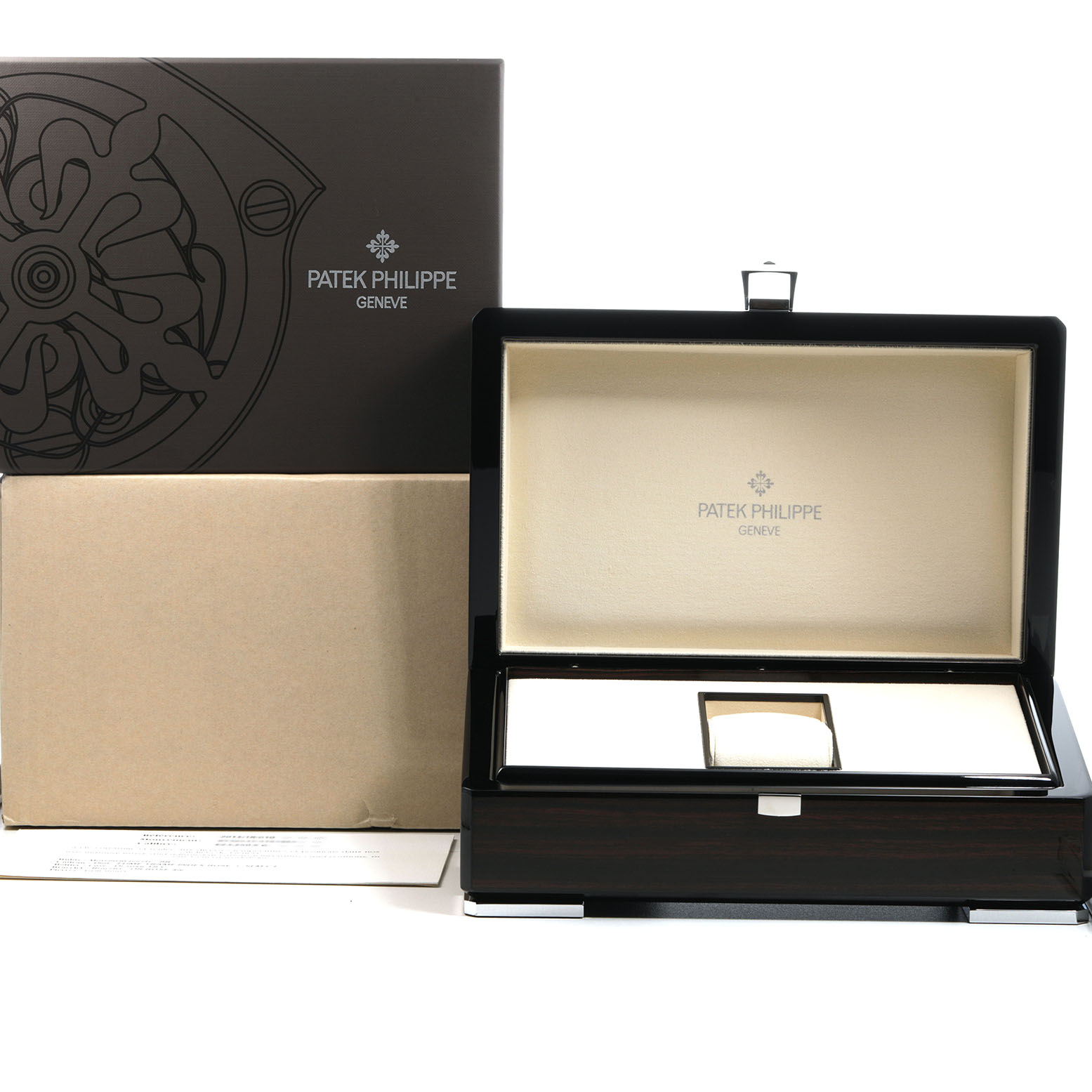 The image shows an open Patek Philippe Nautilus 7011/1R-010 Women's Rose Gold Grey Dial watch box with outer packaging and branding visible.