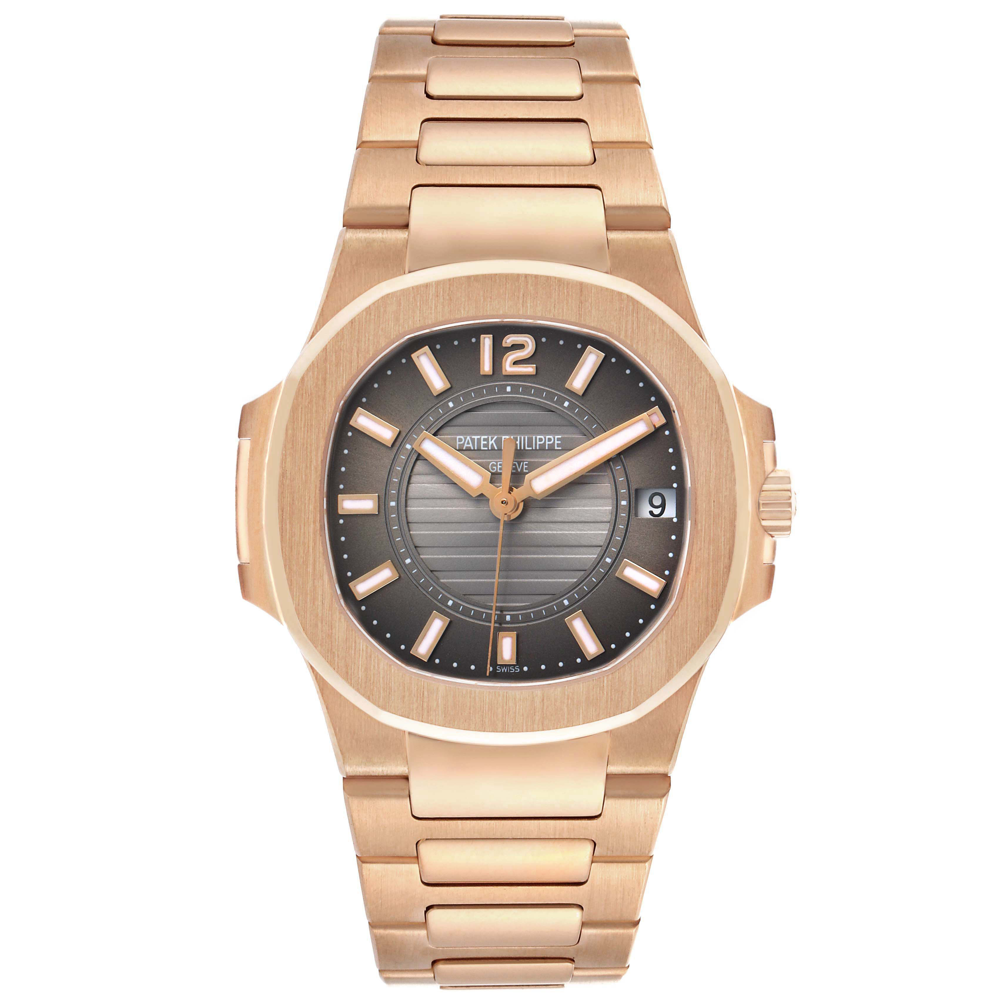 The Patek Philippe Nautilus 7011/1R-010 Women's Rose Gold Grey Dial watch is shown from the front, displaying the case, bezel, dial, bracelet, and crown.