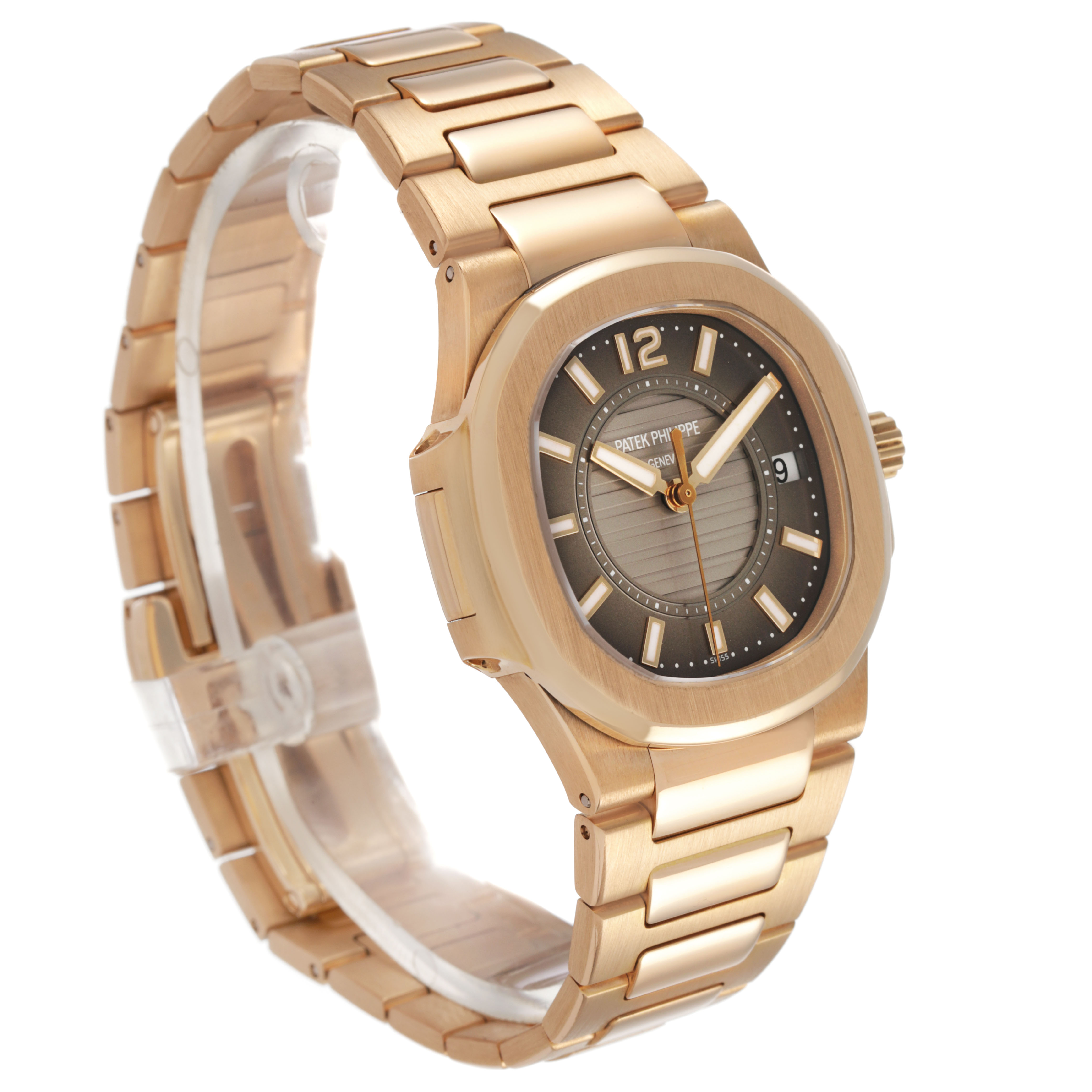 The Patek Philippe Nautilus 7011/1R-010 Women's Rose Gold Grey Dial watch is shown at a three-quarter angle, displaying the dial, bezel, bracelet, and clasp.