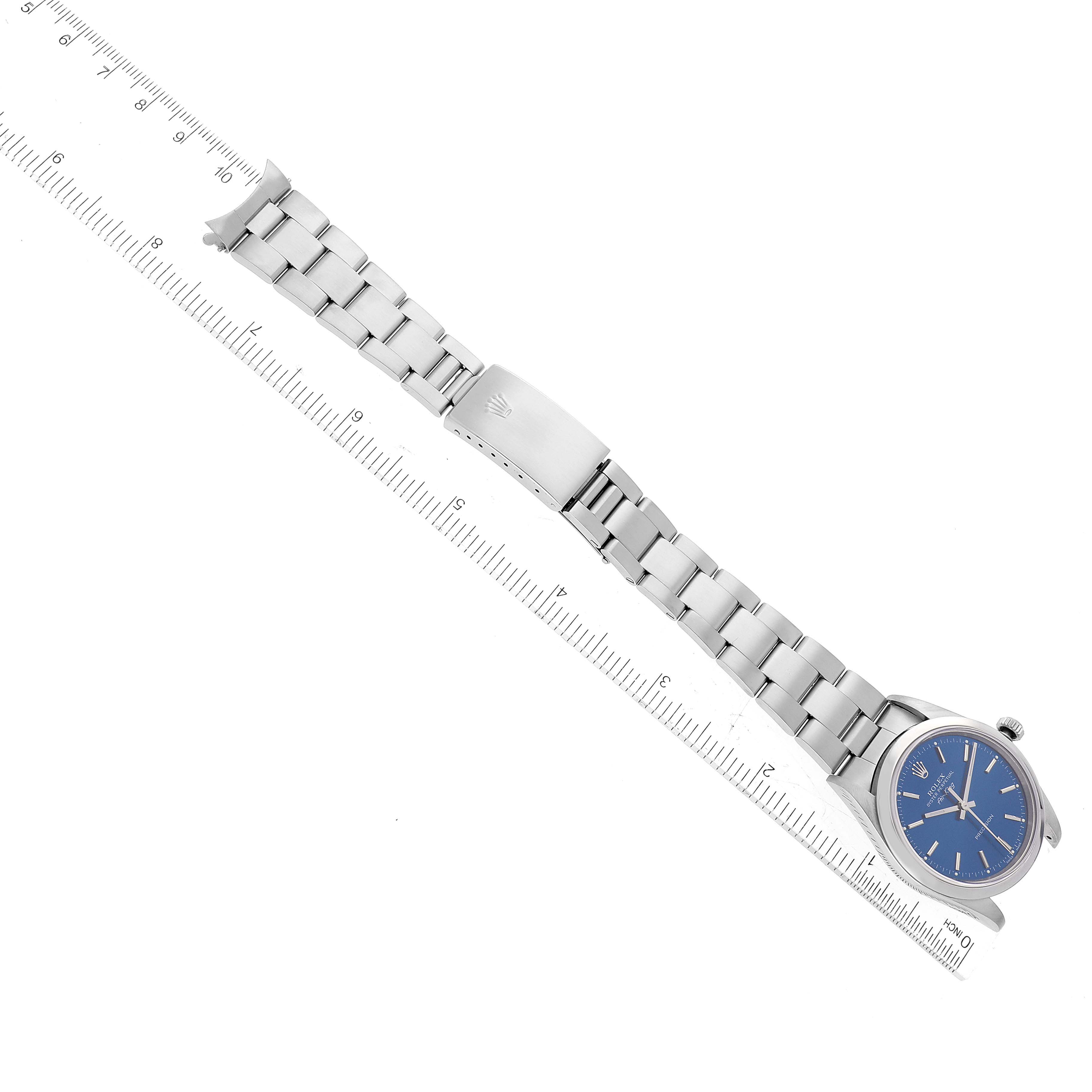 The image shows a Rolex Air-King 14000 Men's Stainless Steel Blue Dial 14000 Men's Stainless Steel Blue Dial watch with a blue dial, viewed from above, along with its full stainless steel bracelet and clasp.