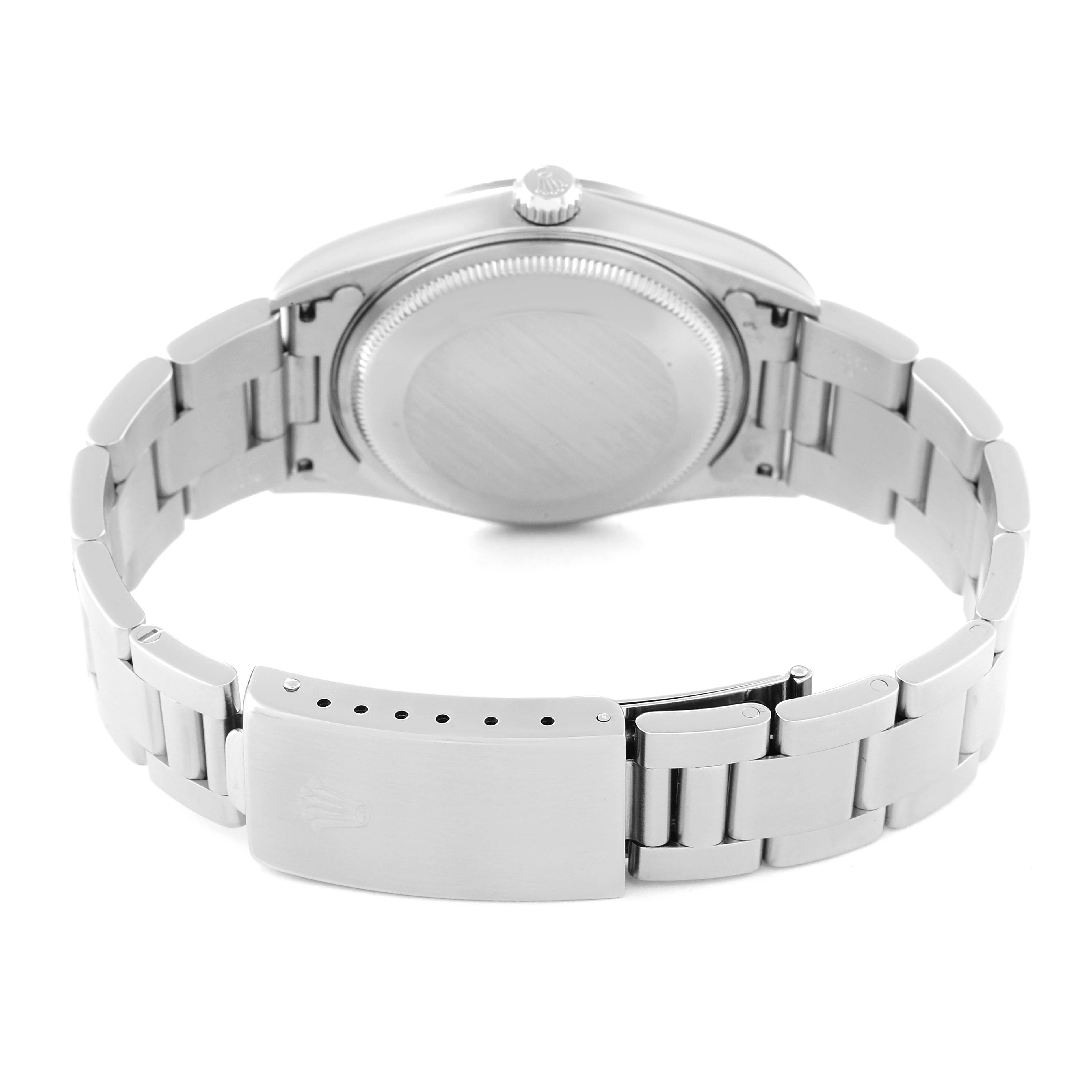 This image shows the back view of a Rolex Air-King 14000 Men's Stainless Steel Blue Dial 14000 Men's Stainless Steel Blue Dial watch, highlighting the clasp, bracelet, case back, and crown.