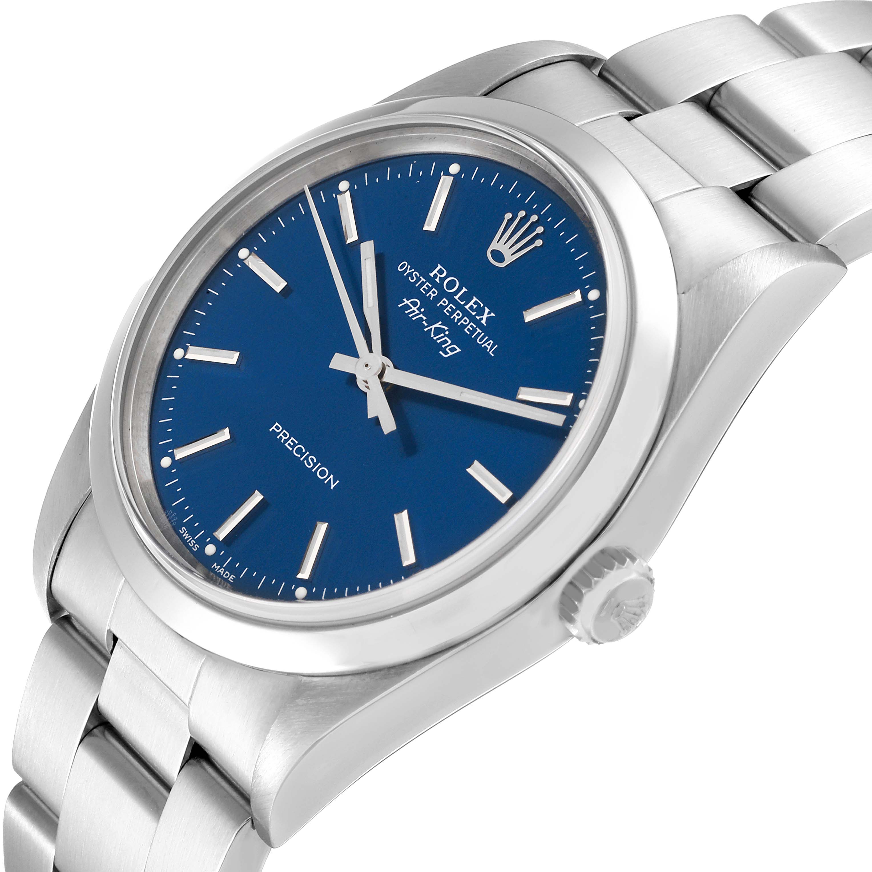 The image shows a close-up, angled view of the dial, bezel, case, crown, and part of the bracelet of a Rolex Air-King 14000 Men's Stainless Steel Blue Dial 14000 Men's Stainless Steel Blue Dial watch.