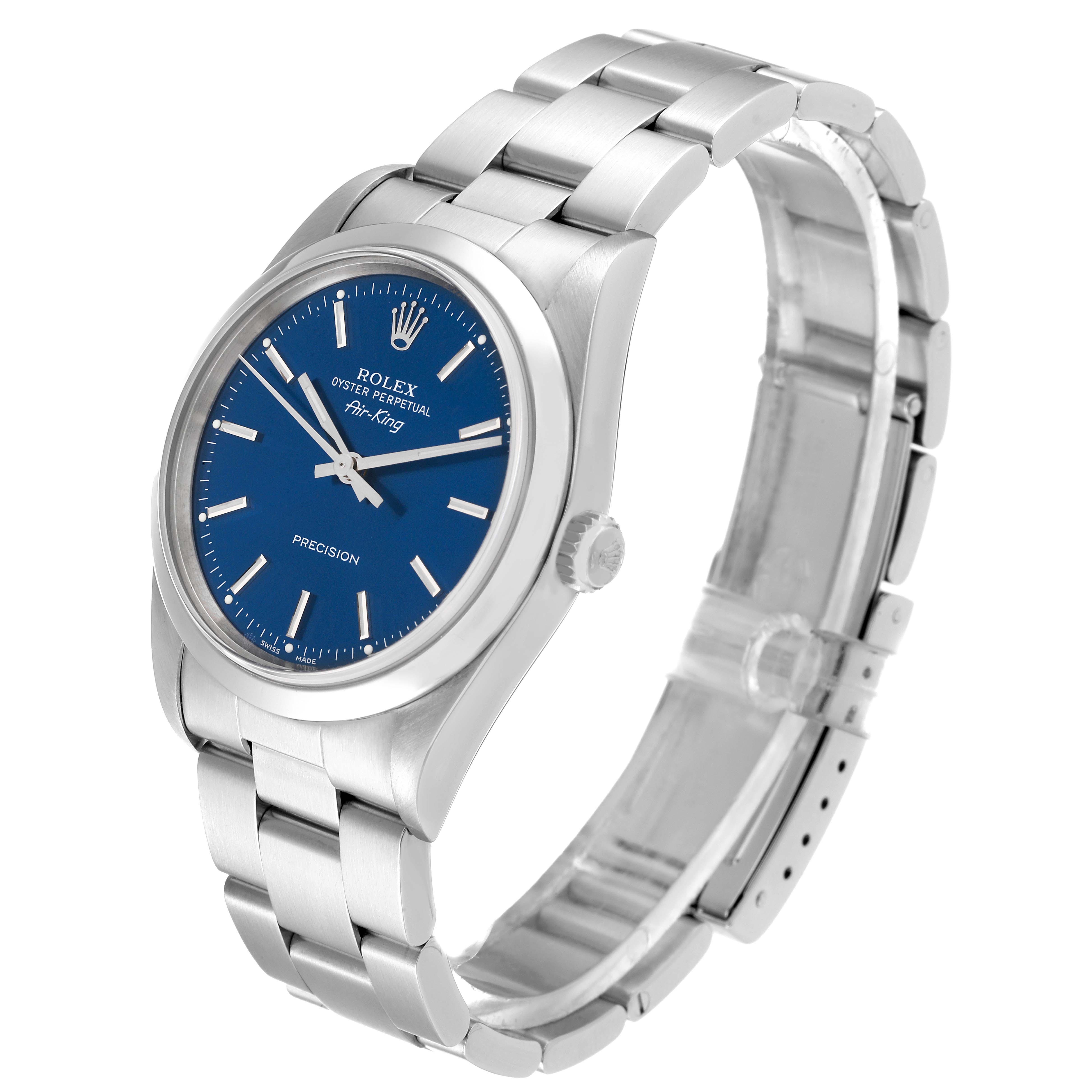 The Rolex Air-King 14000 Men's Stainless Steel Blue Dial 14000 Men's Stainless Steel Blue Dial watch is shown at an angle displaying the face, crown, and entire bracelet.