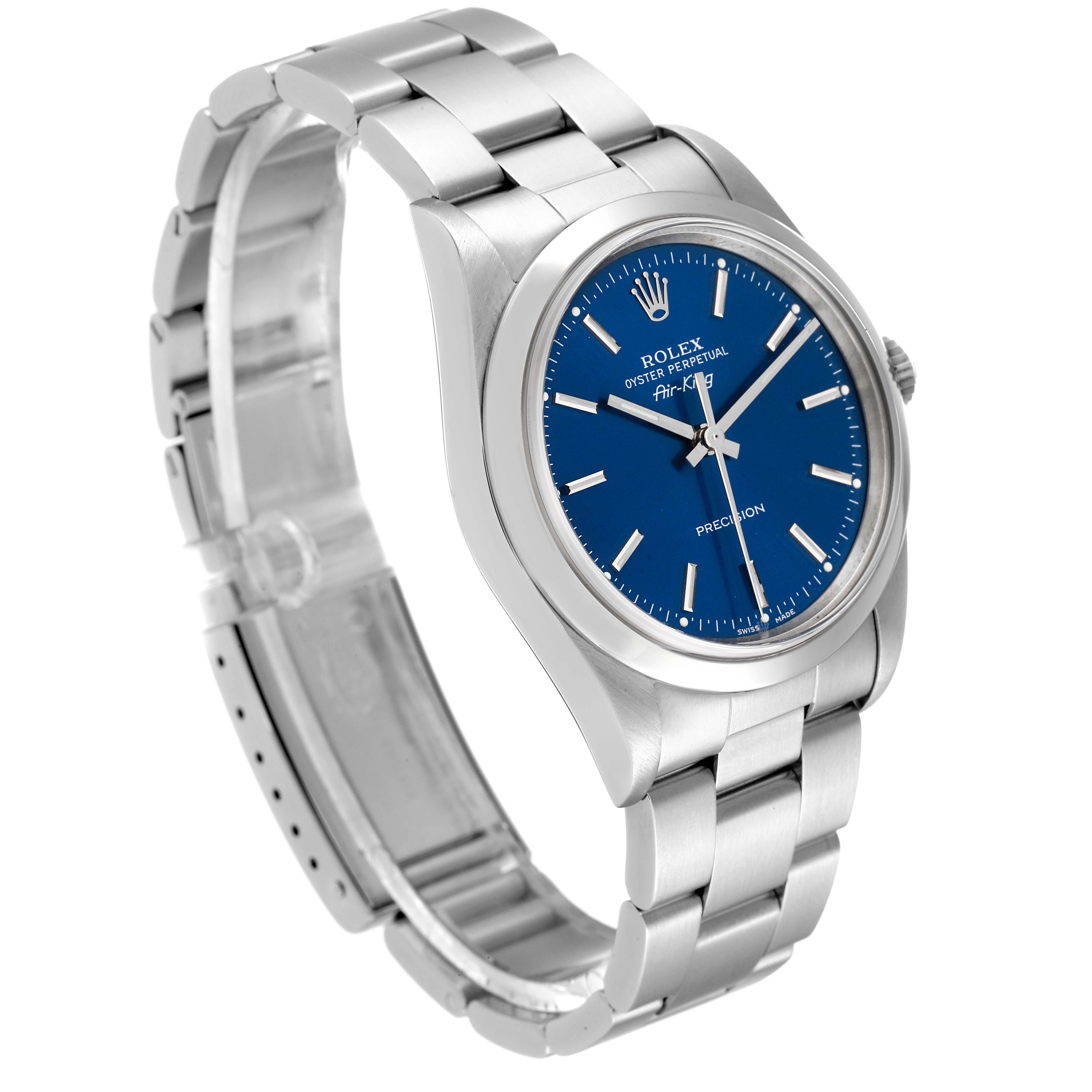 The Rolex Air-King 14000 Men's Stainless Steel Blue Dial 14000 Men's Stainless Steel Blue Dial watch is shown at a three-quarter angle, displaying the dial, bezel, and part of the bracelet.