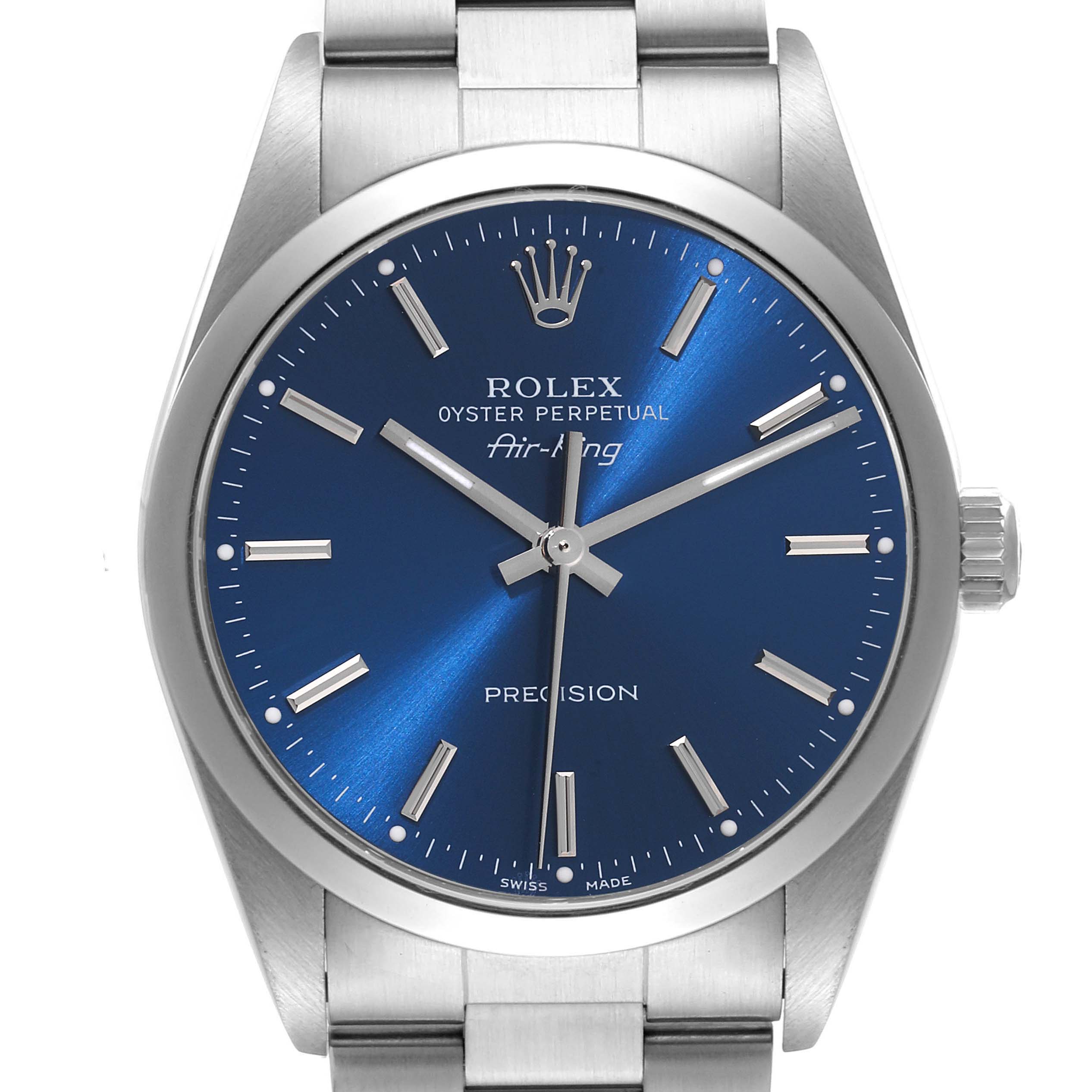 The image shows a frontal view of the Rolex Air-King 14000 Men's Stainless Steel Blue Dial 14000 Men's Stainless Steel Blue Dial watch, highlighting the blue dial, silver markers, crown, and part of the bracelet.