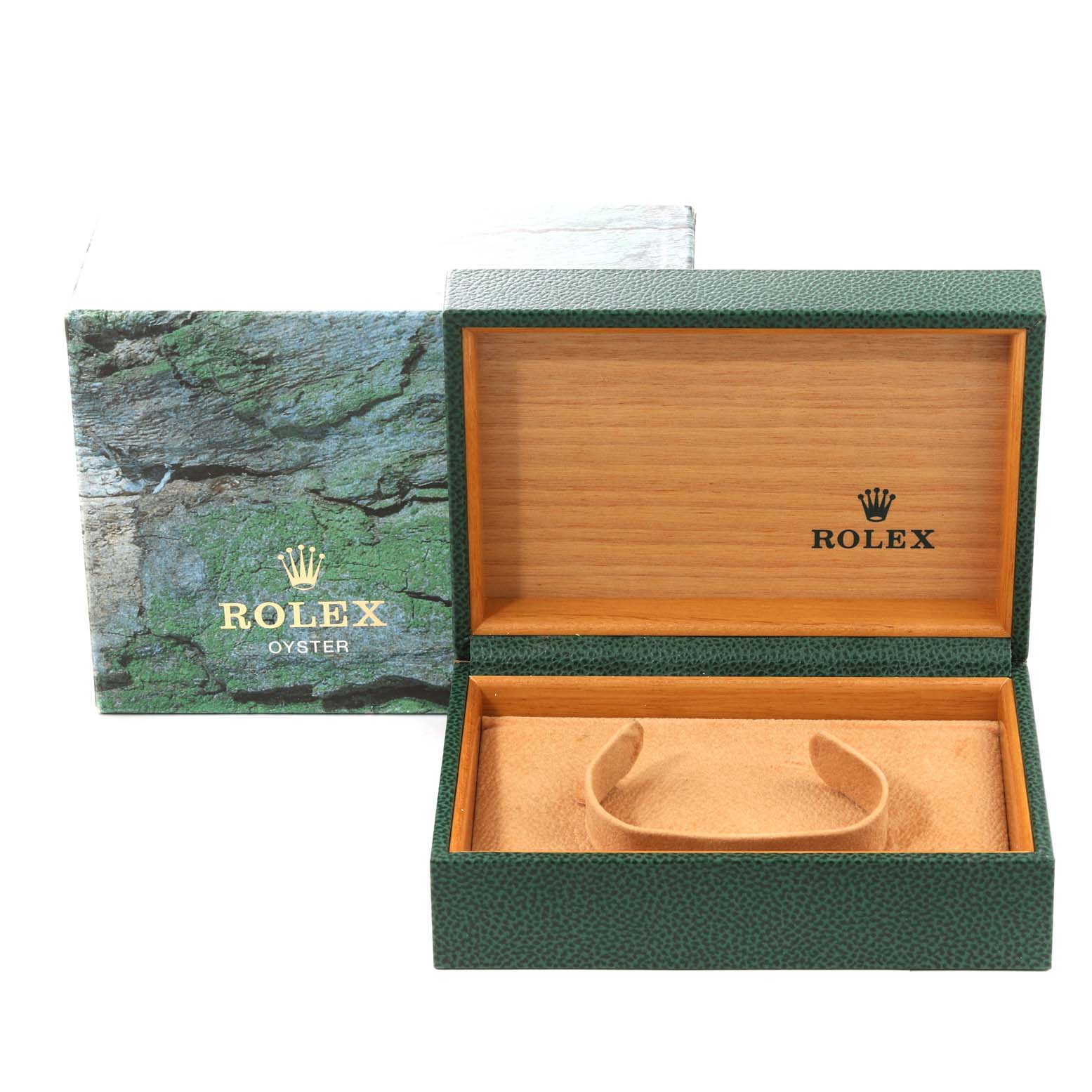 The image shows an open Rolex Air-King 14000 Men's Stainless Steel Blue Dial 14000 Men's Stainless Steel Blue Dial watch box and its outer sleeve, with the green textured and wooden interior visible.