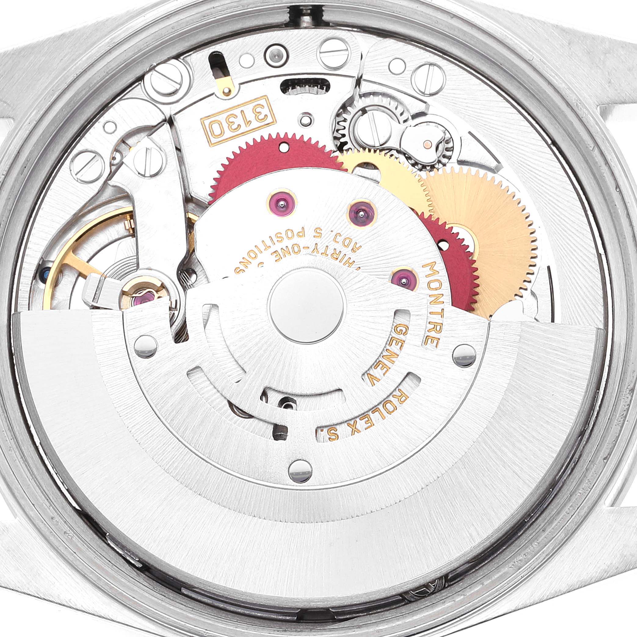 This image shows the internal mechanism of a Rolex Air-King 14000 Men's Stainless Steel Blue Dial 14000 Men's Stainless Steel Blue Dial watch from a close-up, back view angle.