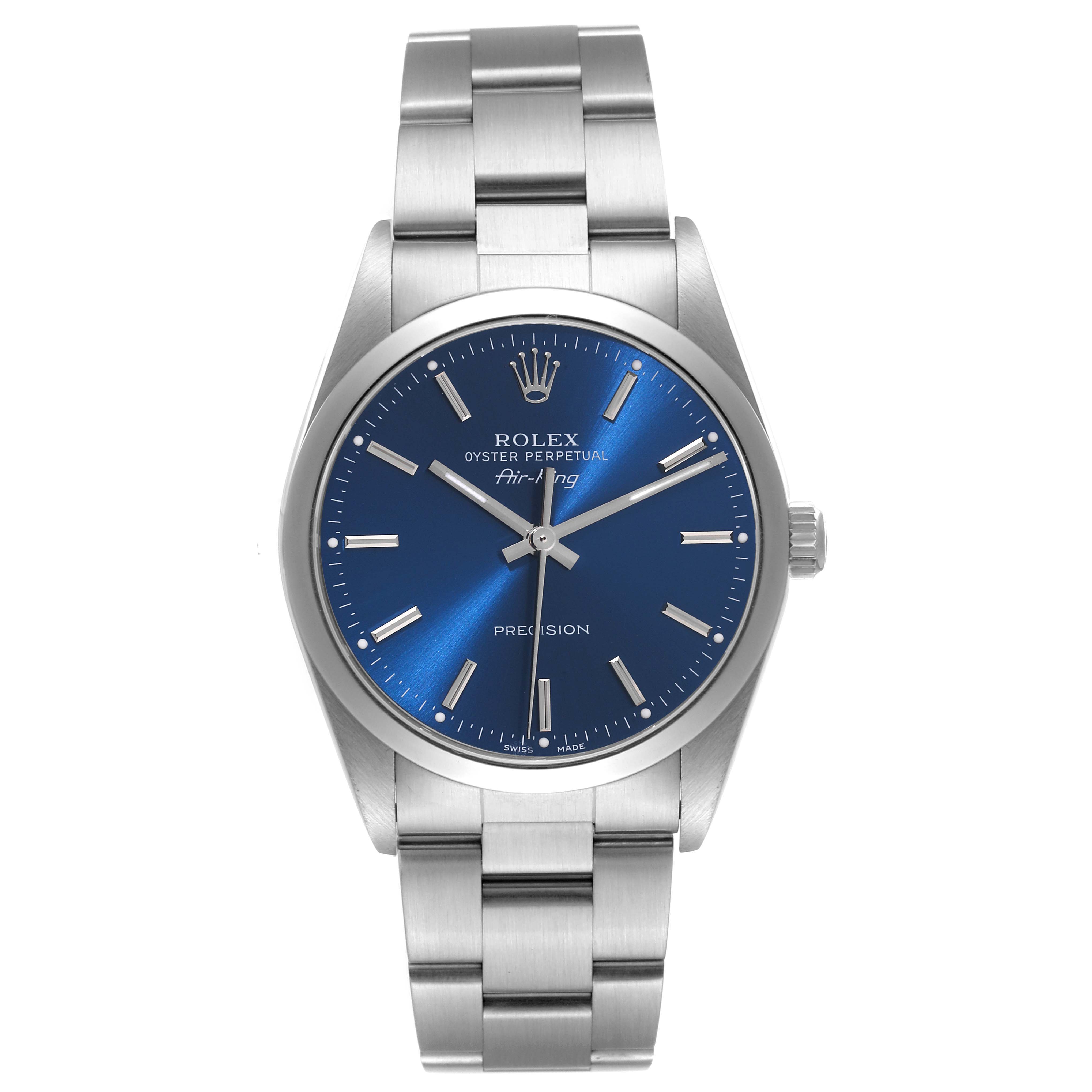 The Rolex Air-King 14000 Men's Stainless Steel Blue Dial 14000 Men's Stainless Steel Blue Dial watch is shown from a straight-on angle, highlighting its face, bezel, and bracelet.
