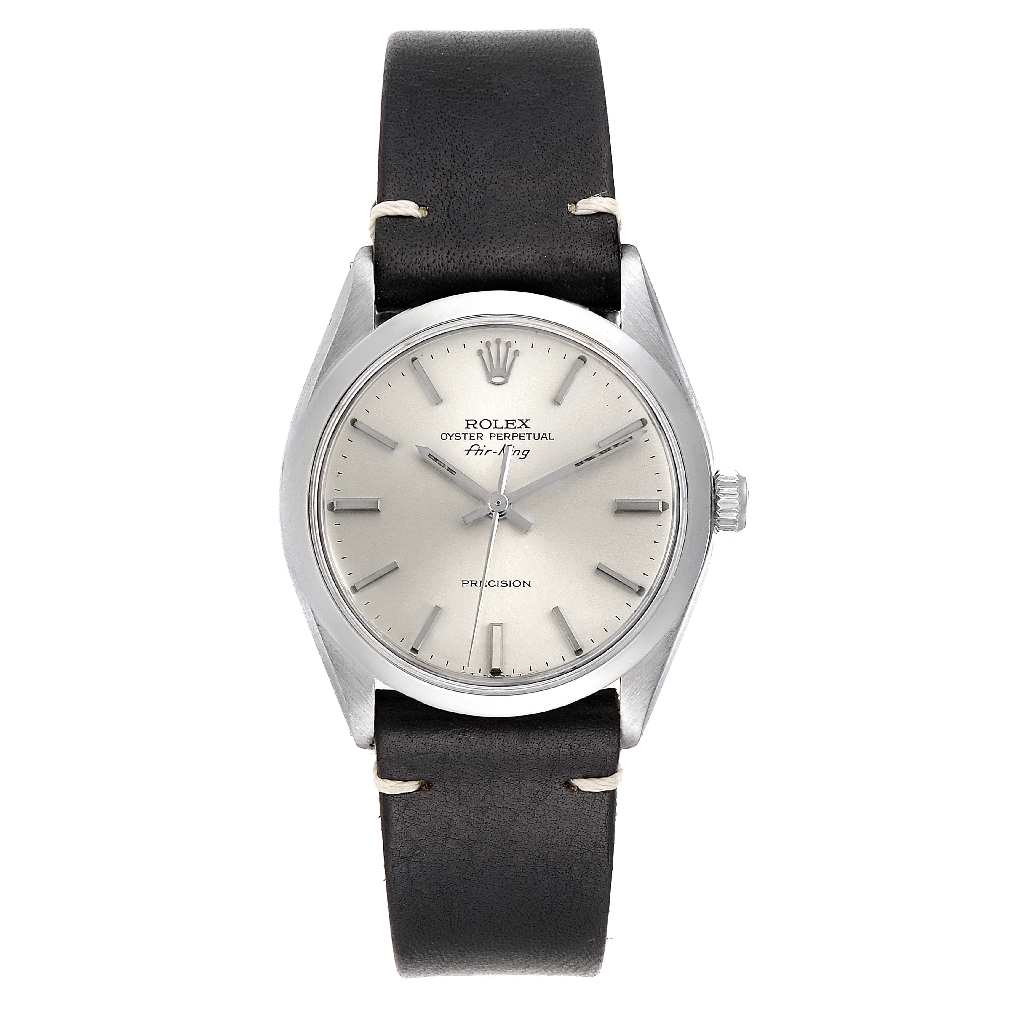 The image shows a front view of a Rolex Air-King 5500 Men's Stainless Steel Silver Dial 5500 Men's Stainless Steel Silver Dial watch, featuring a silver dial, a black leather strap, and silver hands and markers.