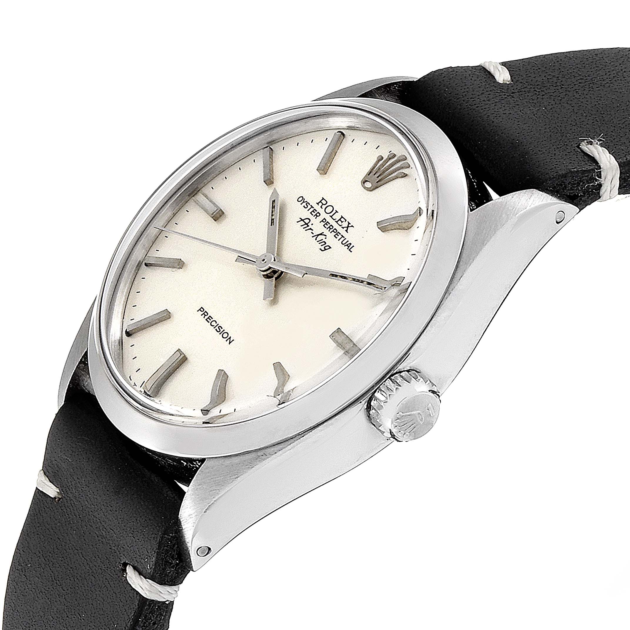The image shows a side angle of the Rolex Air-King 5500 Men's Stainless Steel Silver Dial 5500 Men's Stainless Steel Silver Dial watch, highlighting the face, crown, and leather strap.