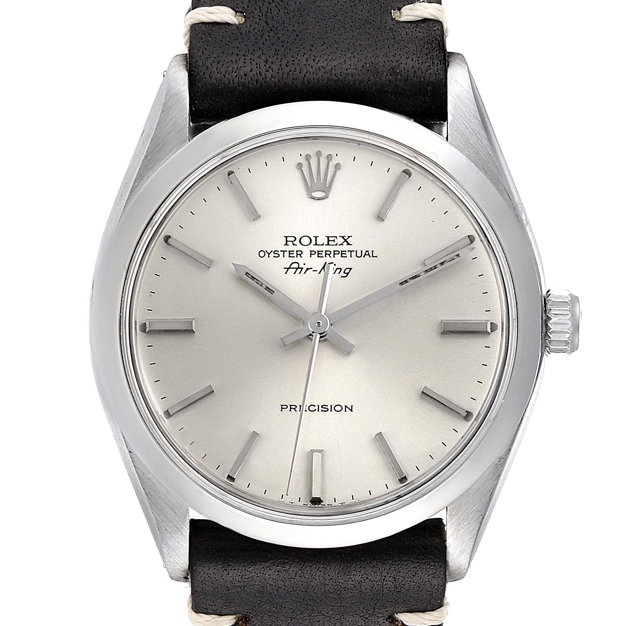 The image shows a front view of the Rolex Air-King 5500 Men's Stainless Steel Silver Dial 5500 Men's Stainless Steel Silver Dial watch, displaying the dial, hands, and part of the leather strap.