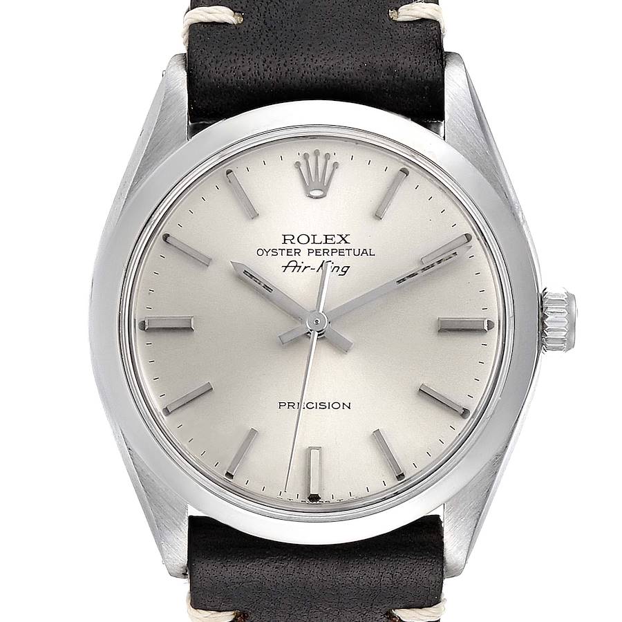 Rolex Air King Silver Dial Brown Strap Vintage Steel Mens Watch 5500 SwissWatchExpo