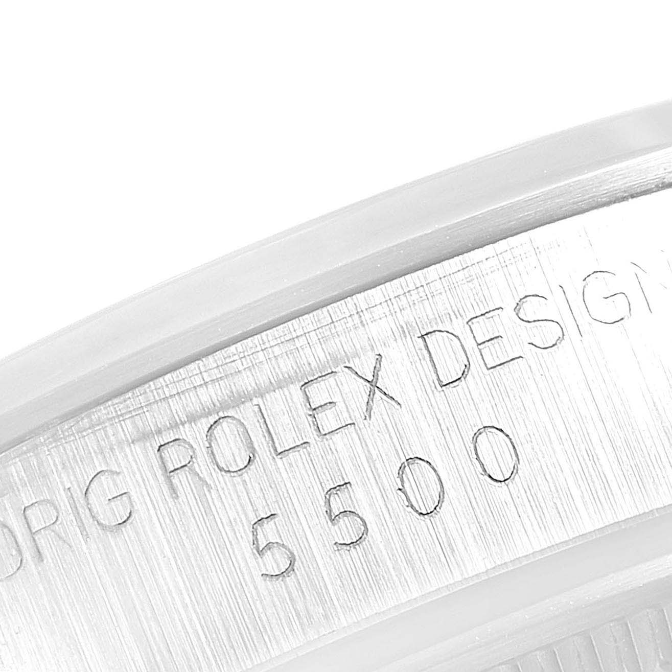 This close-up image shows the engraved model number 5500 on the edge of the Rolex Air-King 5500 Men's Stainless Steel Silver Dial 5500 Men's Stainless Steel Silver Dial watch case.