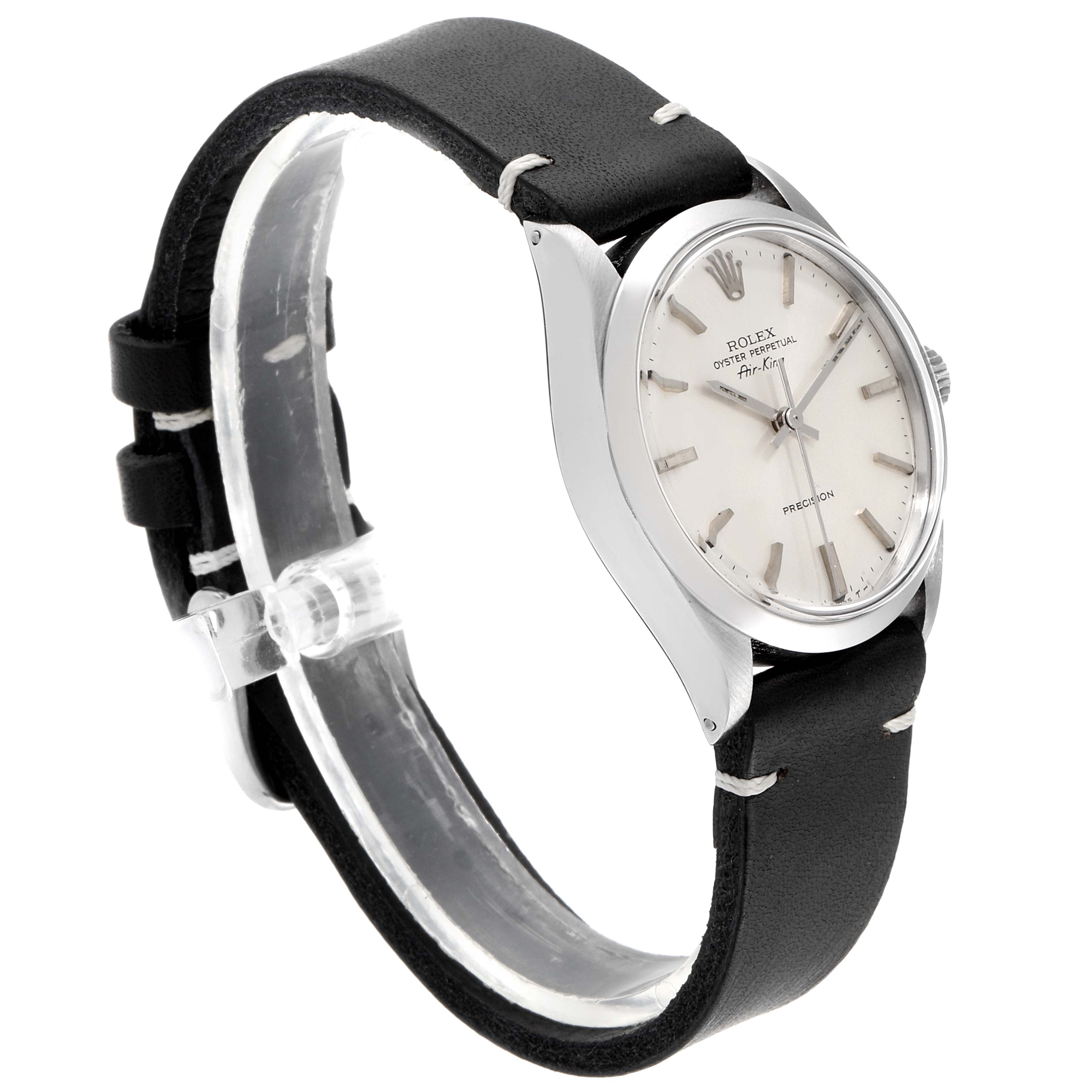 The Rolex Air-King 5500 Men's Stainless Steel Silver Dial 5500 Men's Stainless Steel Silver Dial model is shown at a side angle, highlighting the face, bezel, and leather strap.