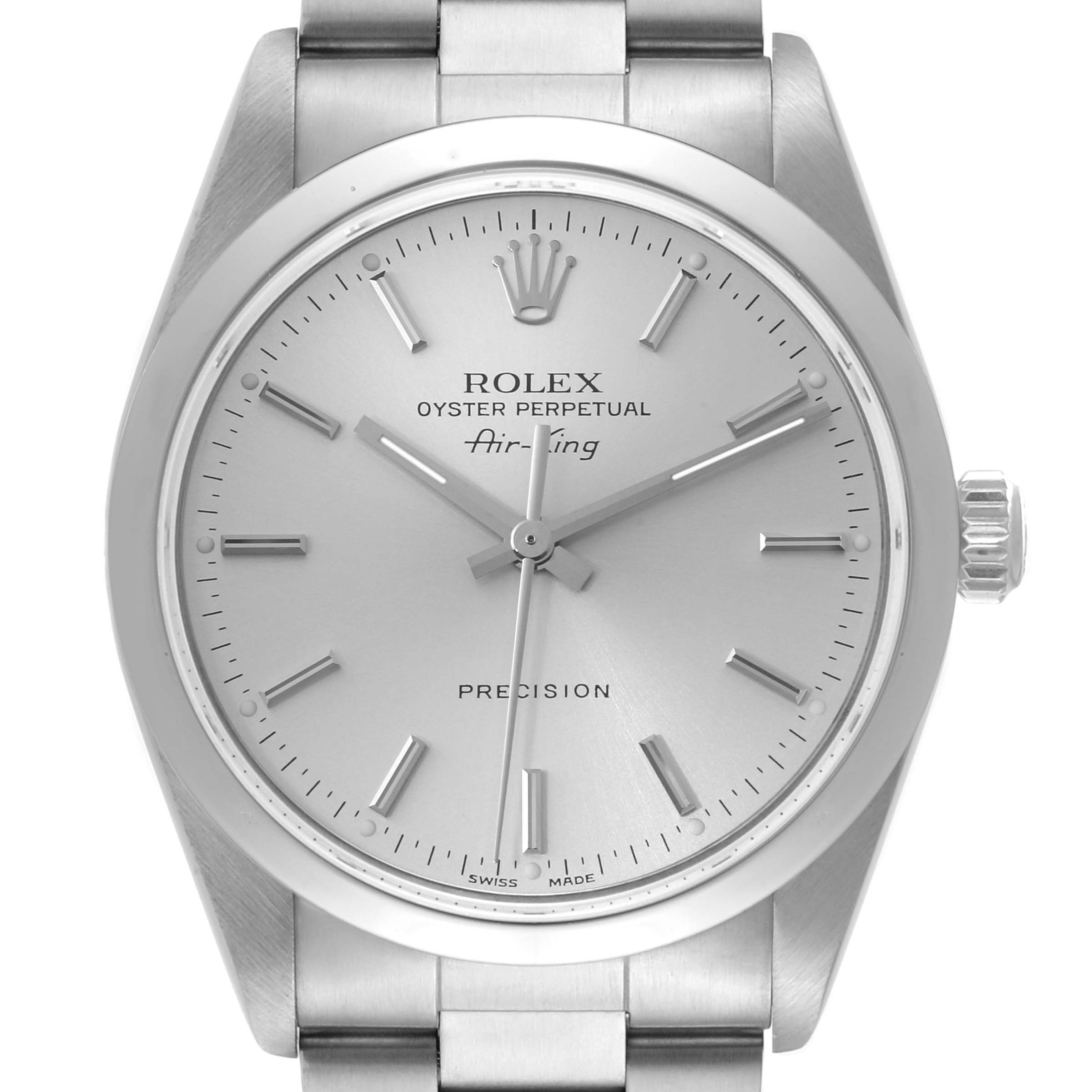 The image shows the face and part of the bracelet of a Rolex Air-King 14000 Men's Stainless Steel Silver Dial 14000 Men's Stainless Steel Silver Dial watch, viewed from a top-down angle.
