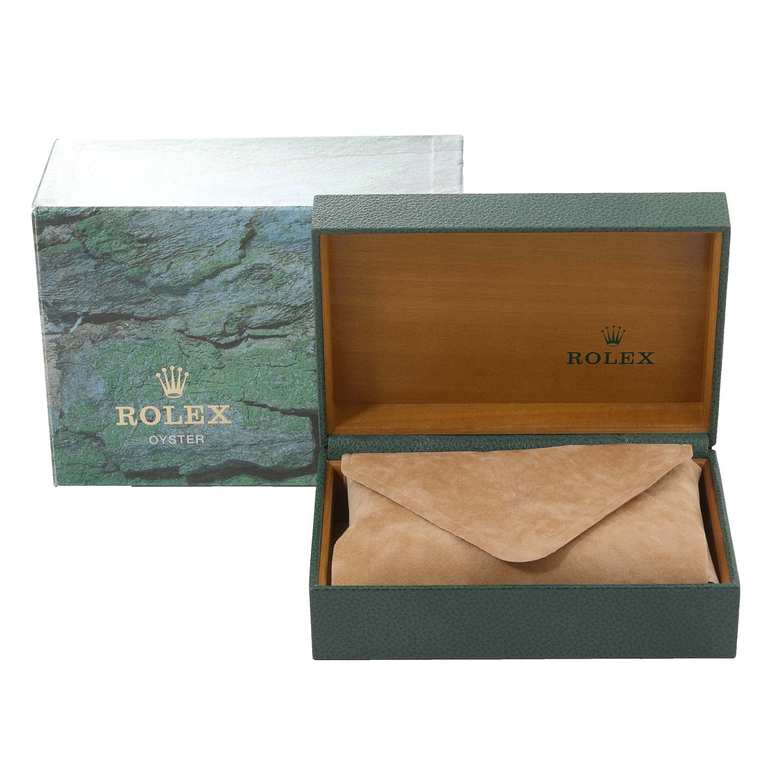 The image shows an open green Rolex box and protective pouch for the Air-King model.