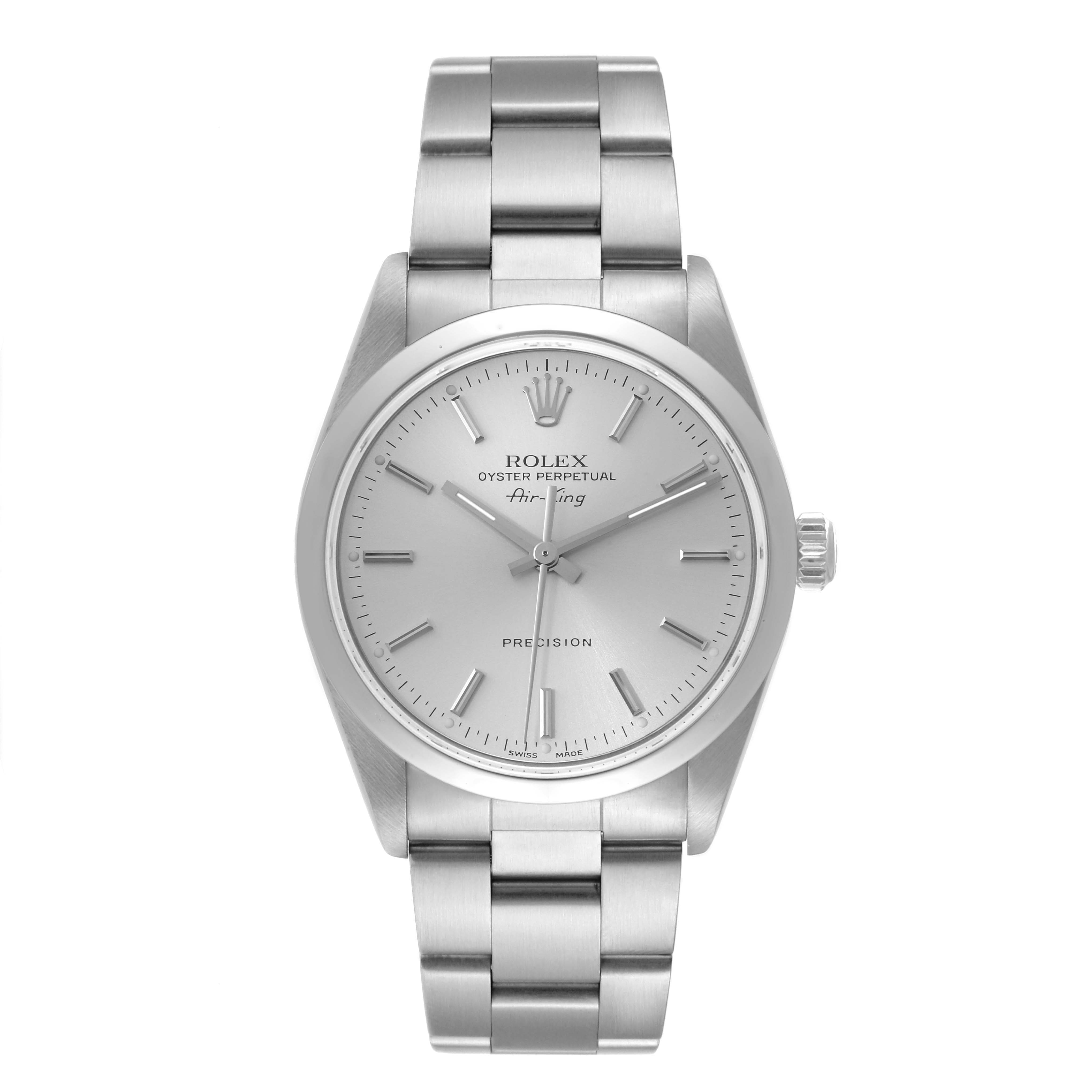 This image shows a front view of the Rolex Air-King 14000 Men's Stainless Steel Silver Dial 14000 Men's Stainless Steel Silver Dial watch featuring its dial, case, bracelet, and crown.