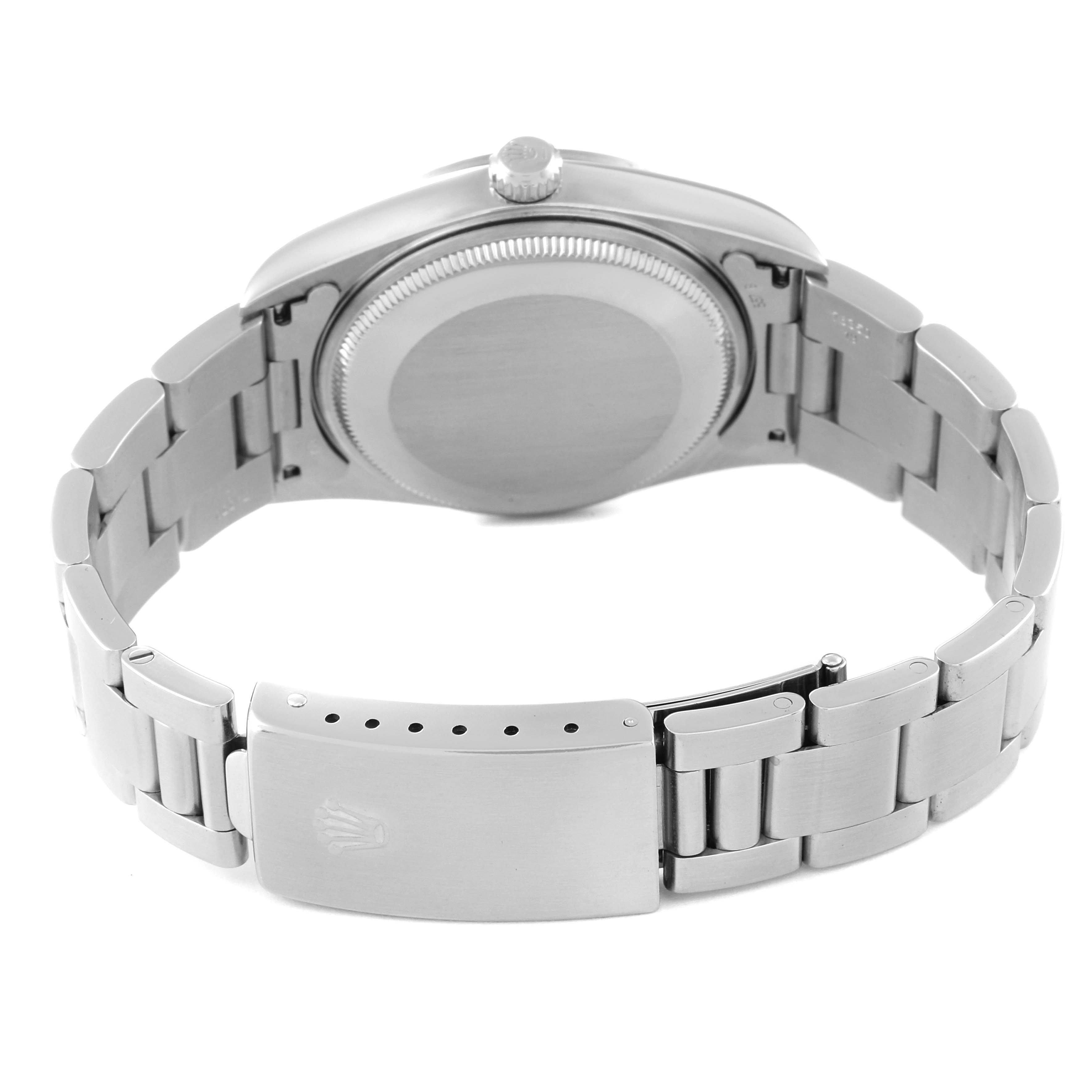 The image shows the back and clasp of the Rolex Air-King 14000 Men's Stainless Steel Silver Dial 14000 Men's Stainless Steel Silver Dial watch, focusing on its stainless steel bracelet and caseback.