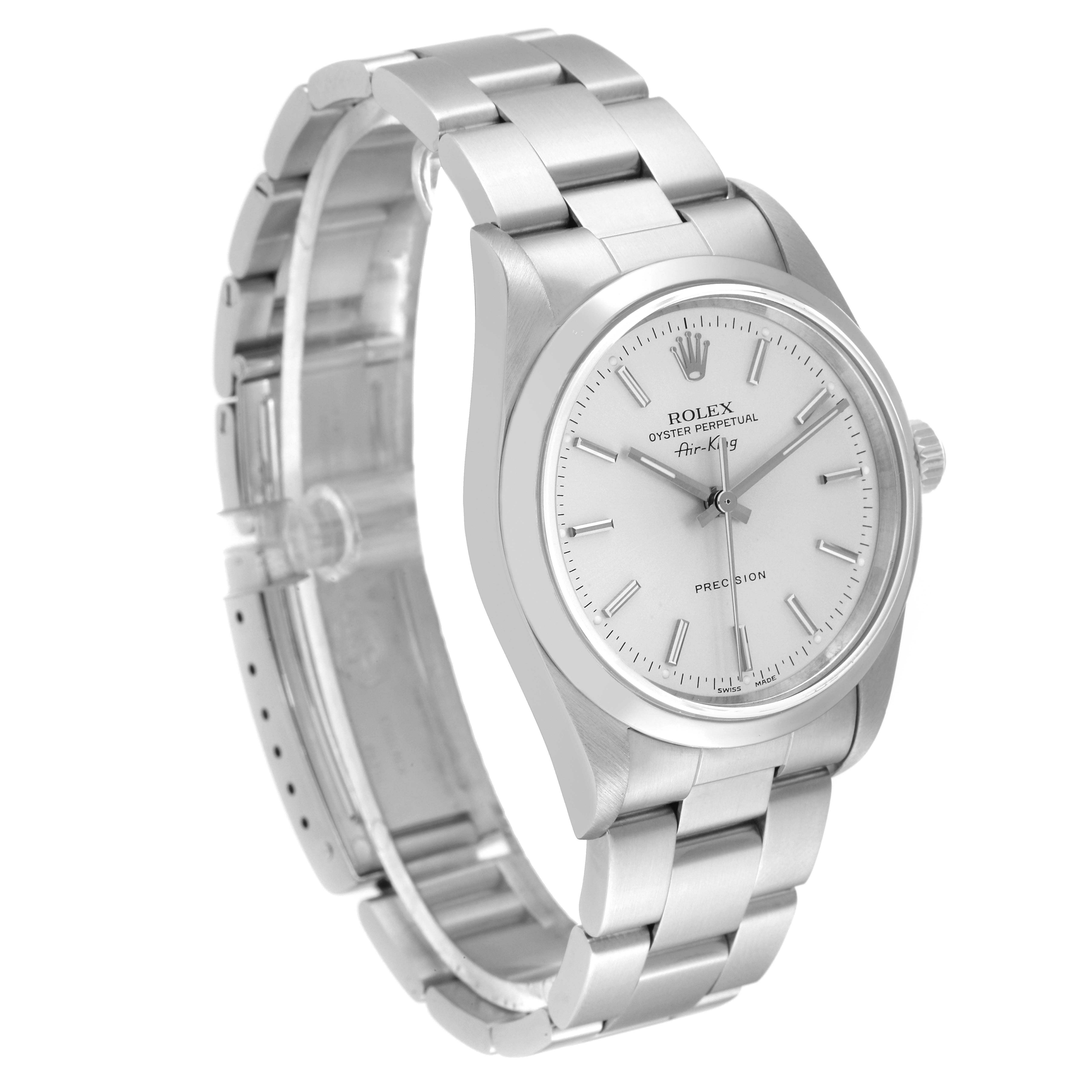 The image shows a side angle view of a Rolex Air-King 14000 Men's Stainless Steel Silver Dial 14000 Men's Stainless Steel Silver Dial watch featuring its face, bezel, and bracelet.