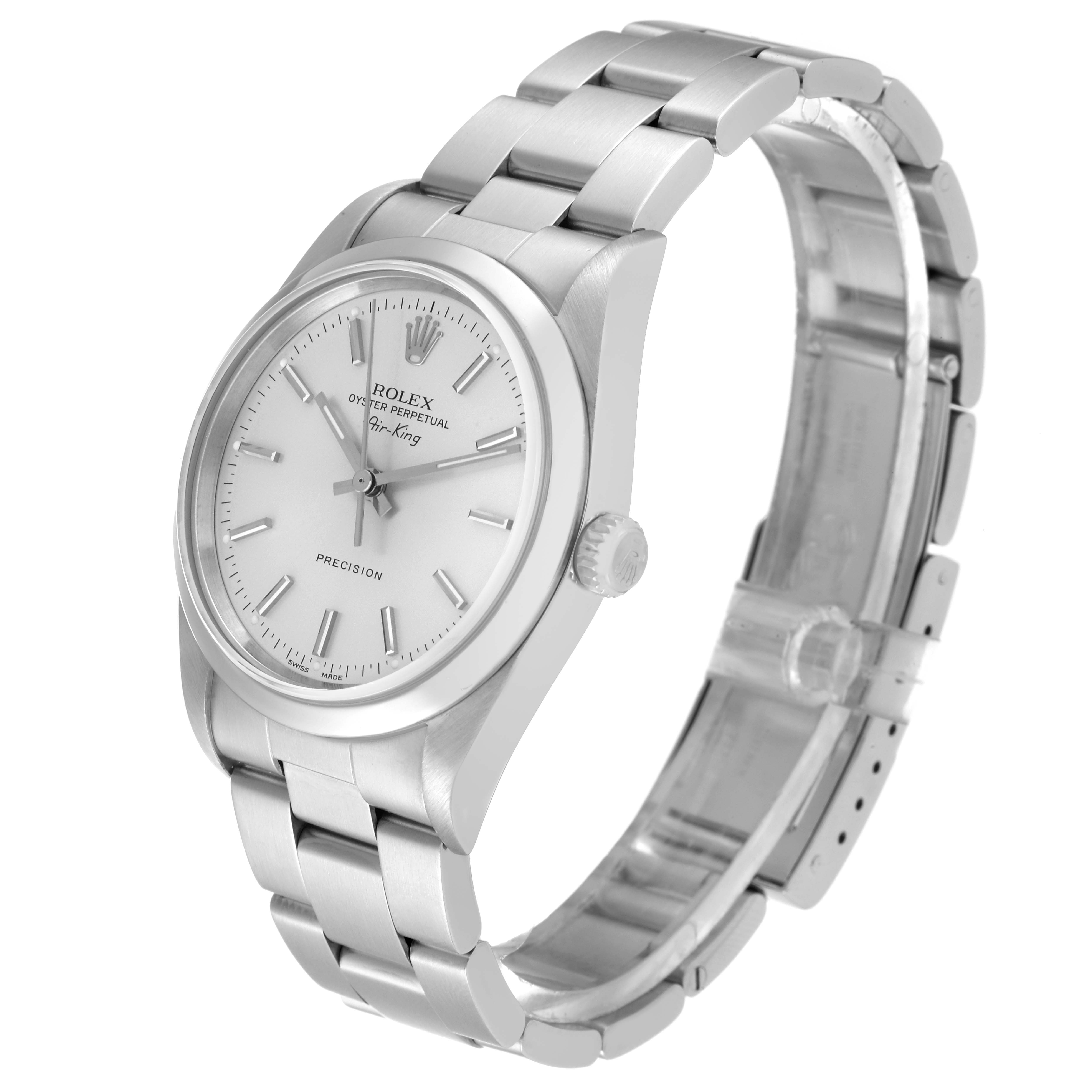 The image shows a Rolex Air-King 14000 Men's Stainless Steel Silver Dial 14000 Men's Stainless Steel Silver Dial watch at a three-quarter angle, displaying the face, crown, and bracelet.