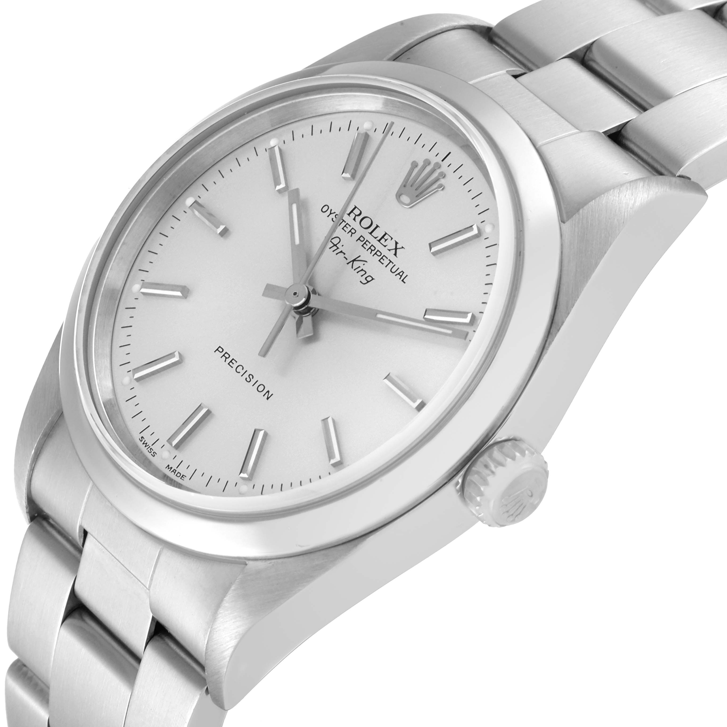 The Rolex Air-King 14000 Men's Stainless Steel Silver Dial 14000 Men's Stainless Steel Silver Dial watch is shown at a slight angle, highlighting the face, bezel, crown, and part of the bracelet.