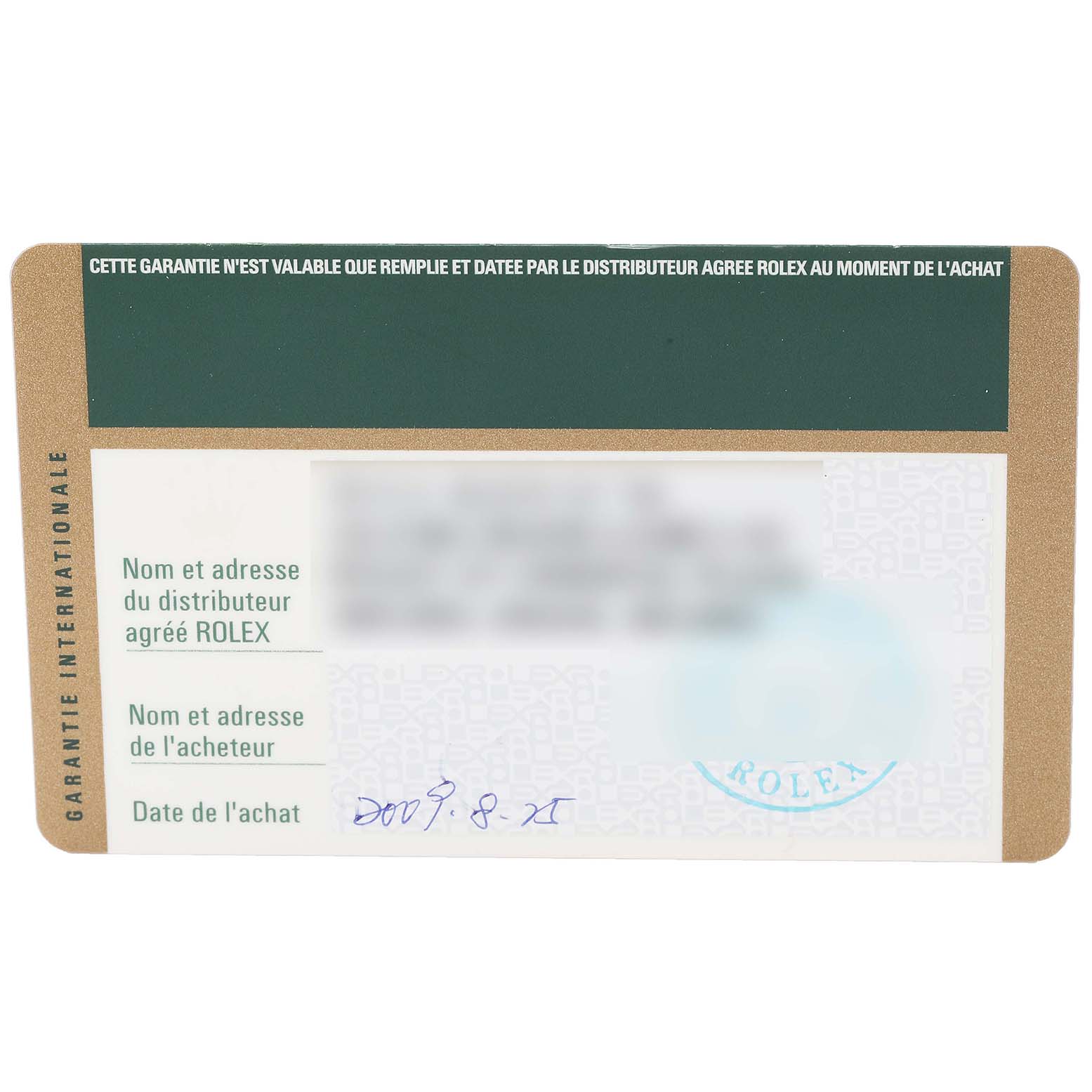 The image shows the international guarantee card for the Rolex Cellini 5115 Men
s Yellow Gold Champagne Dial 5115 Men
s Yellow Gold Champagne Dial model.