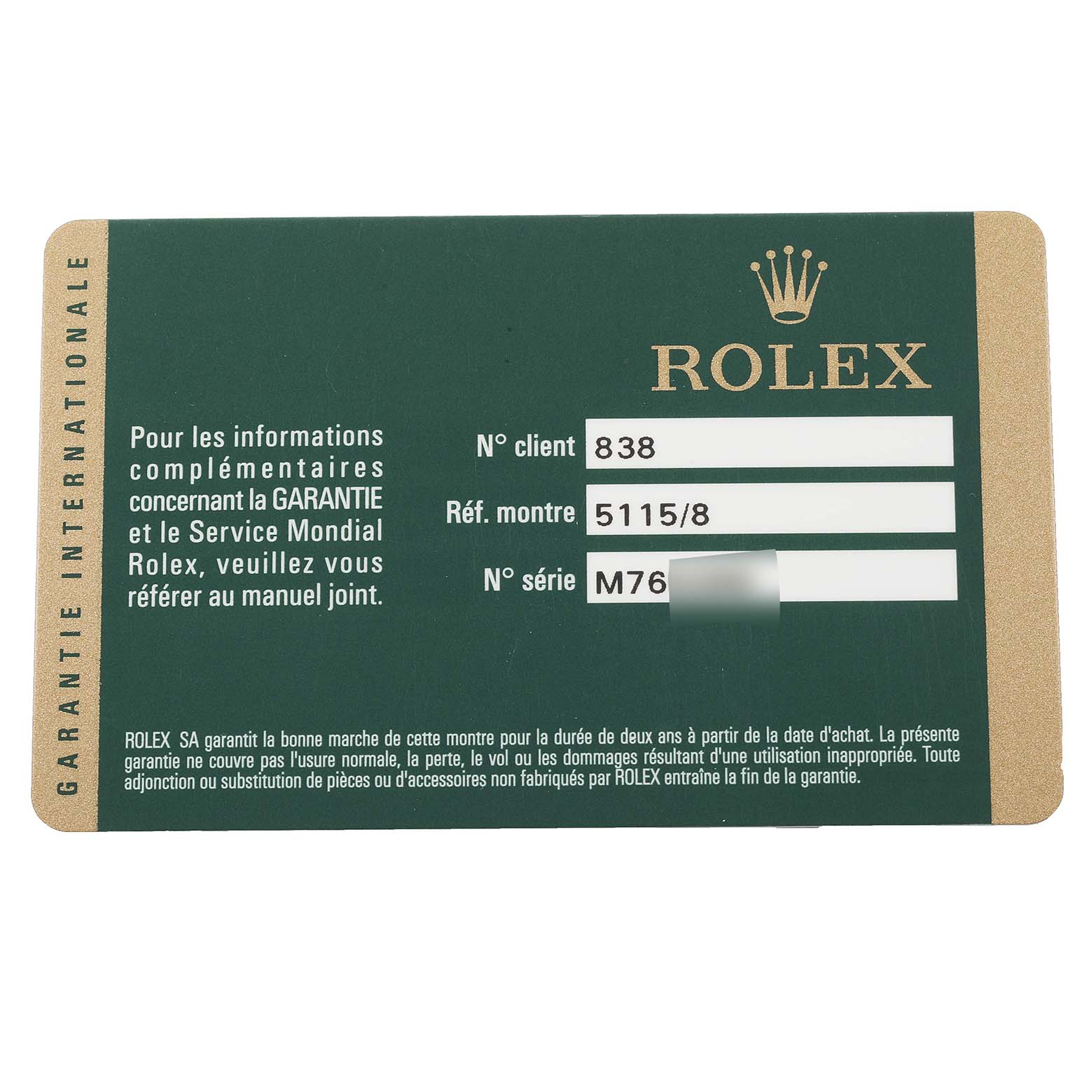 This image shows a Rolex Cellini 5115 Men
s Yellow Gold Champagne Dial 5115 Men
s Yellow Gold Champagne Dial model warranty card, with model reference number 5115/8, viewed from the front.