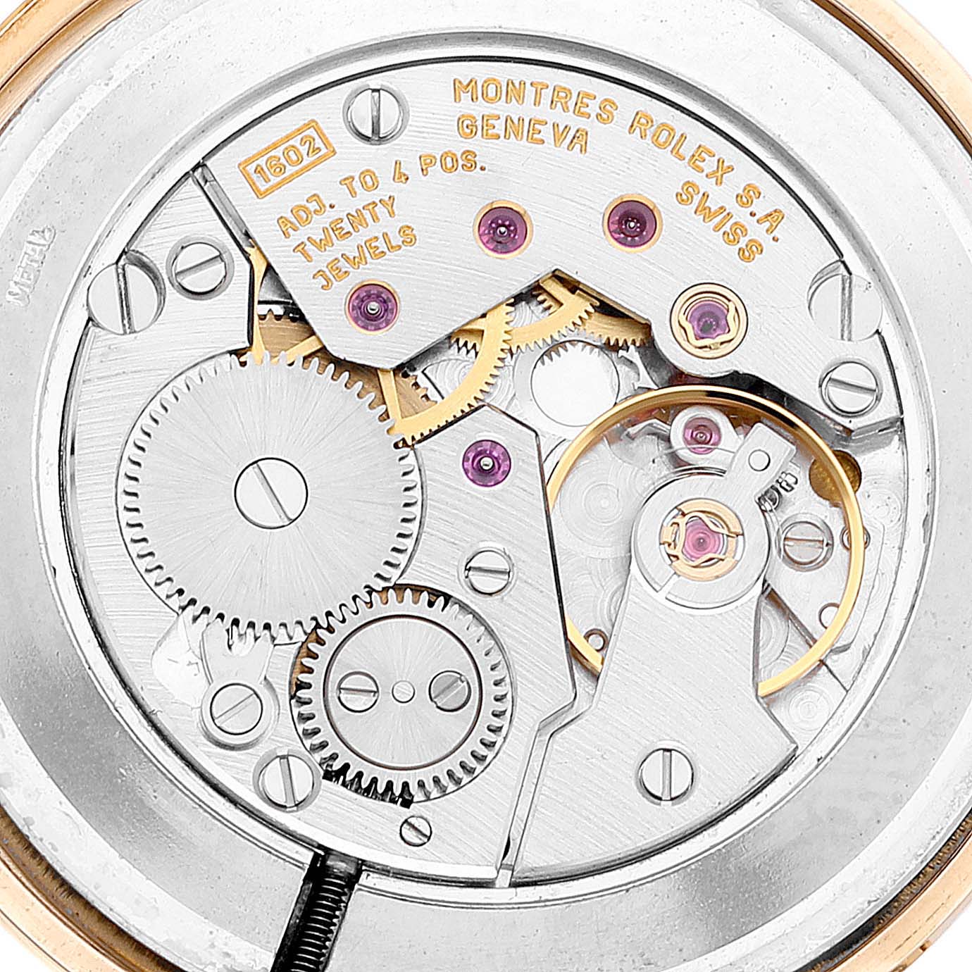 This image shows a close-up view of the movement mechanism of a Rolex Cellini 5112 Men's Yellow Gold White Dial 5112 Men's Yellow Gold White Dial watch.