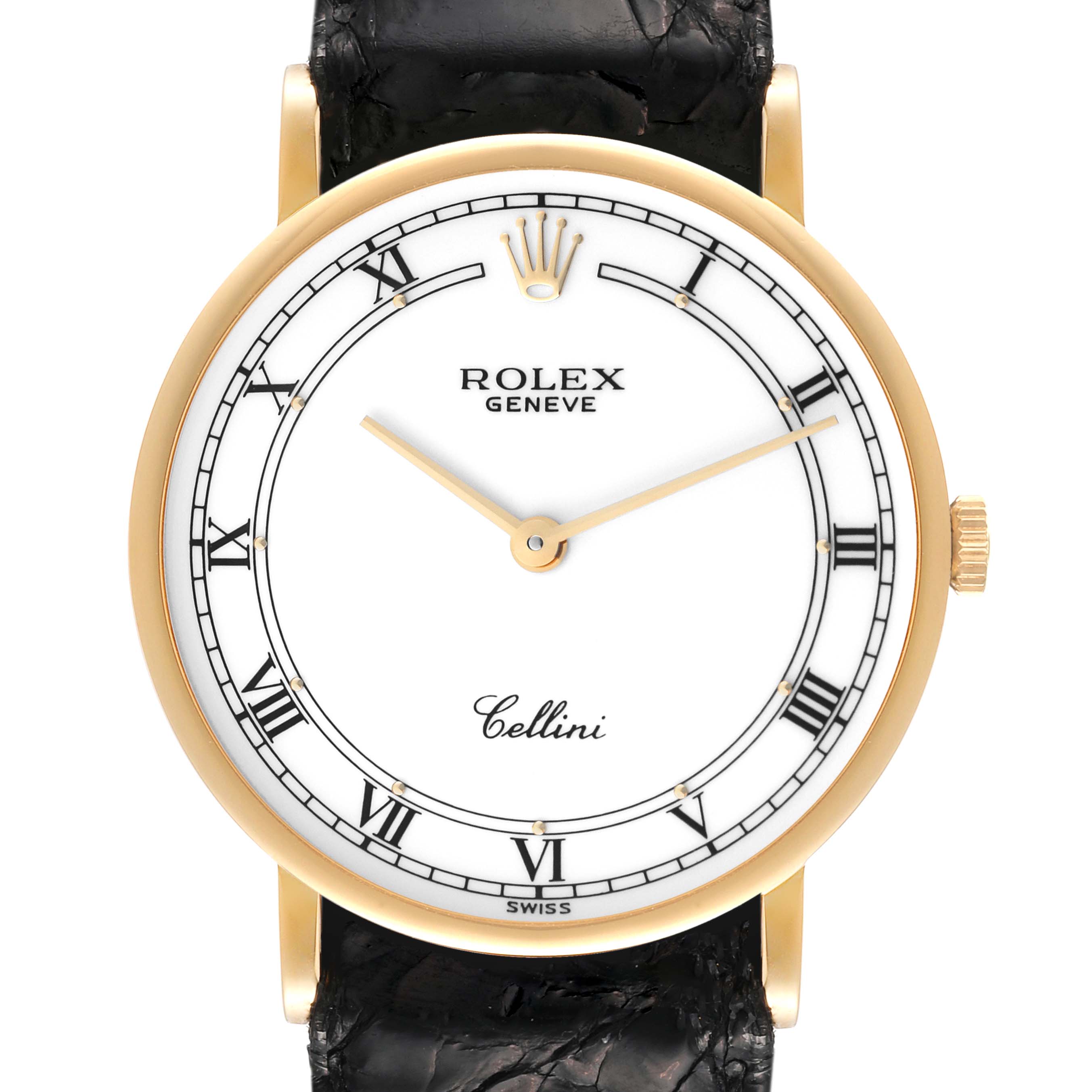 This image shows a Rolex Cellini 5112 Men's Yellow Gold White Dial 5112 Men's Yellow Gold White Dial model watch from a front view, highlighting its dial, Roman numerals, and hour markers.