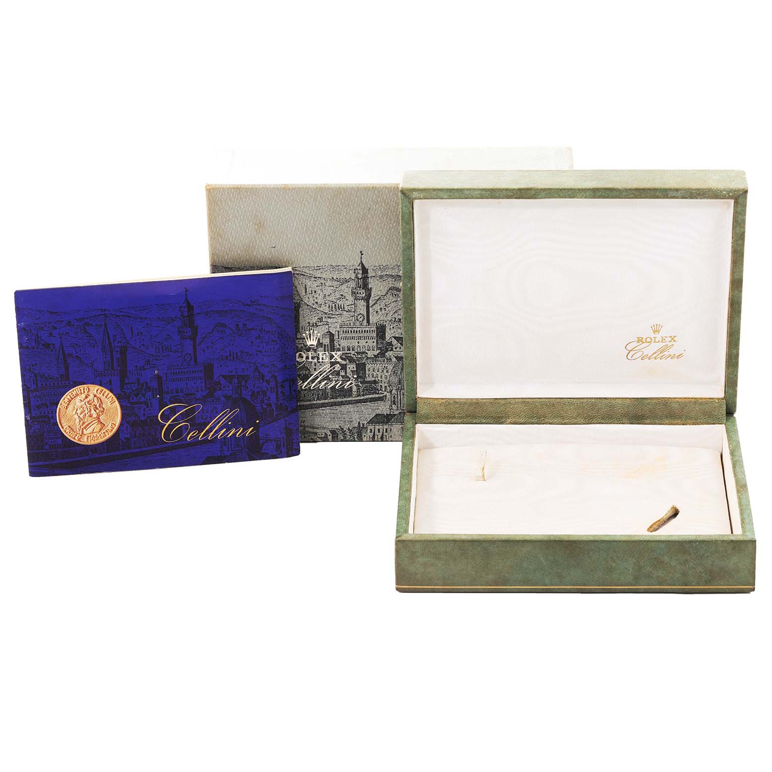The image shows the open packaging and certificate for a Rolex Cellini 5112 Men's Yellow Gold White Dial 5112 Men's Yellow Gold White Dial watch.