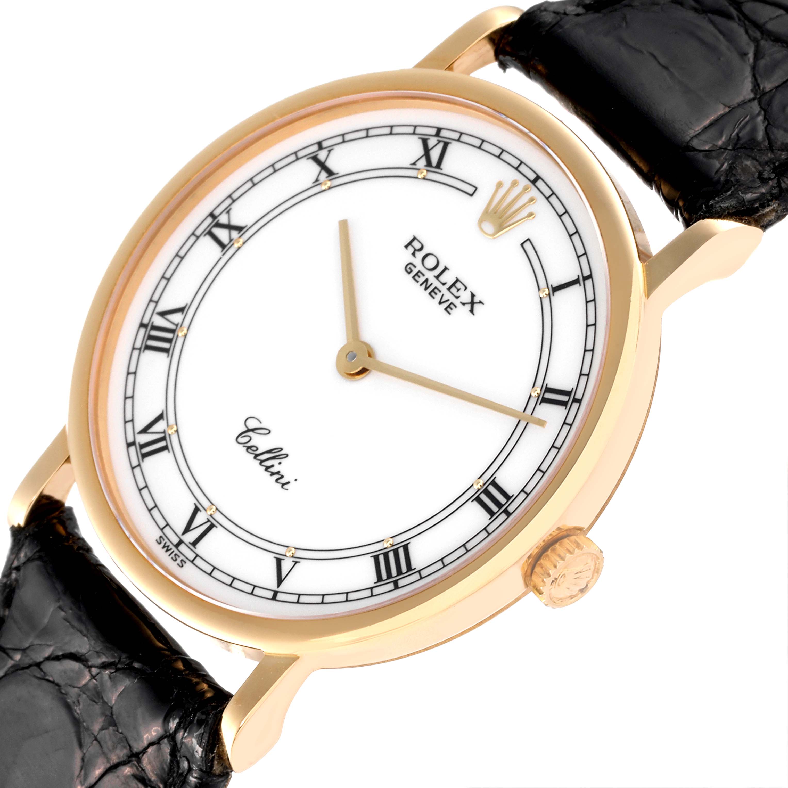 The image shows a close-up angle of a Rolex Cellini 5112 Men's Yellow Gold White Dial 5112 Men's Yellow Gold White Dial watch, showcasing the dial, crown, and leather strap parts.