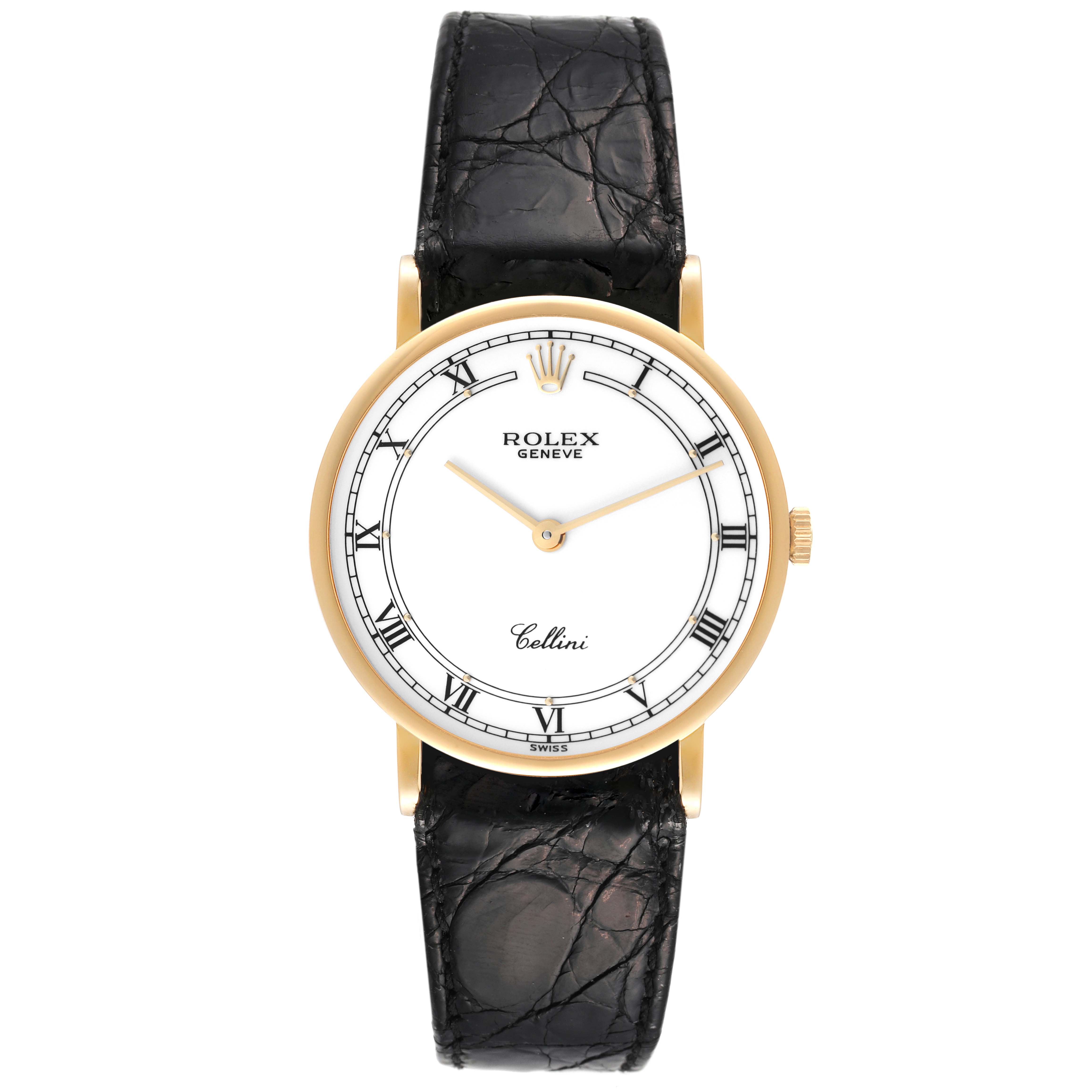 The image shows a front view of a Rolex Cellini 5112 Men's Yellow Gold White Dial 5112 Men's Yellow Gold White Dial watch displaying its face, bezel, and leather strap.